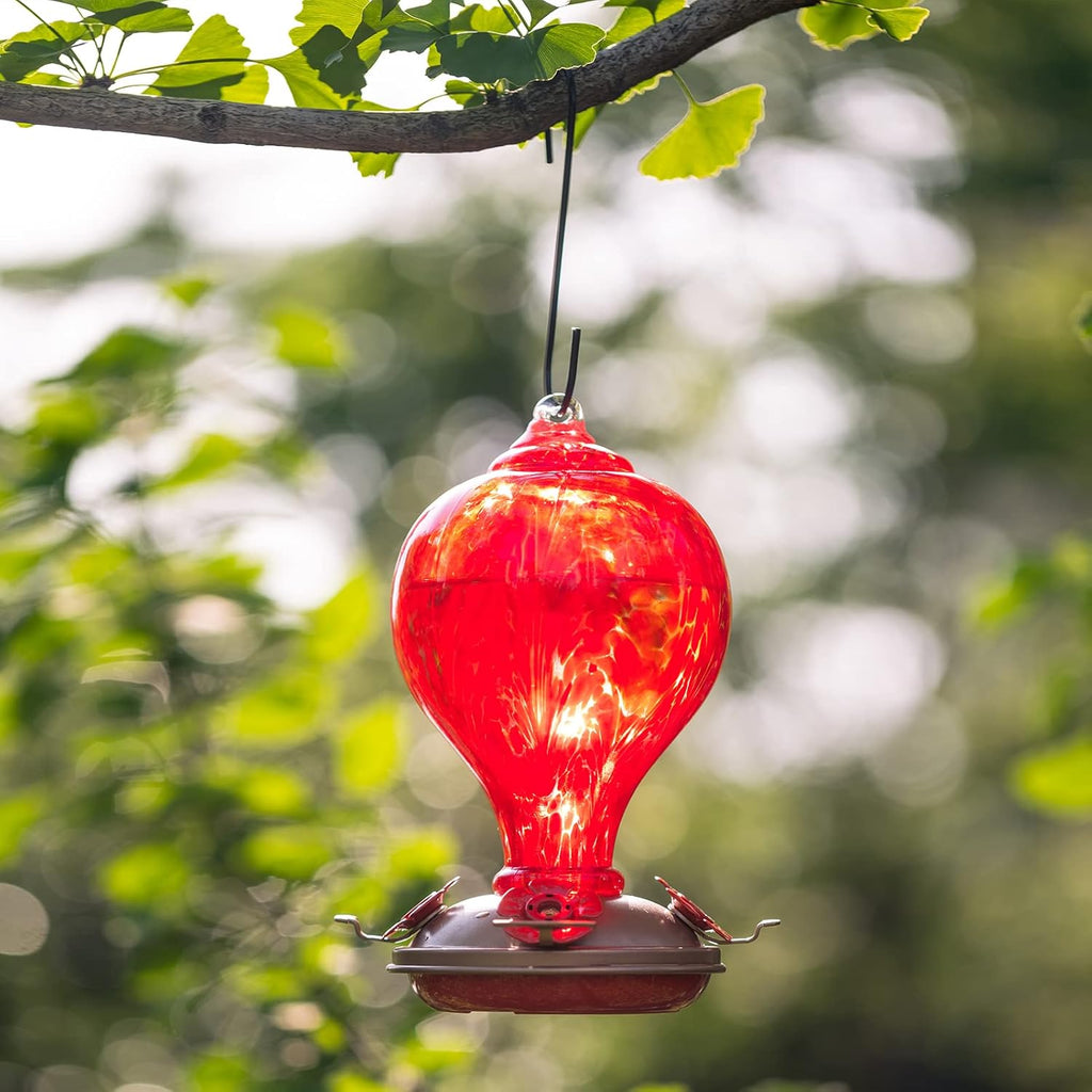 2 Packs Hummingbird Feeder for Outdoors Hanging Ant and Bee Proof, 32OZ Hand Blown Glass Hummingbird Feeders for Outside, Christmas Decoration Gifts for Mom (Teal & Red)