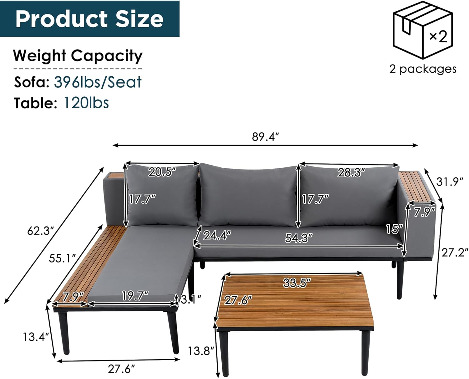 Acacia Wood Patio Furniture Set, Luxury Outdoor Conversation Sectional Sofa with Removable Cushions and Coffee Table, Side Table, L-Shaped Sofa Set for Backyard, Porch (Gray/17)