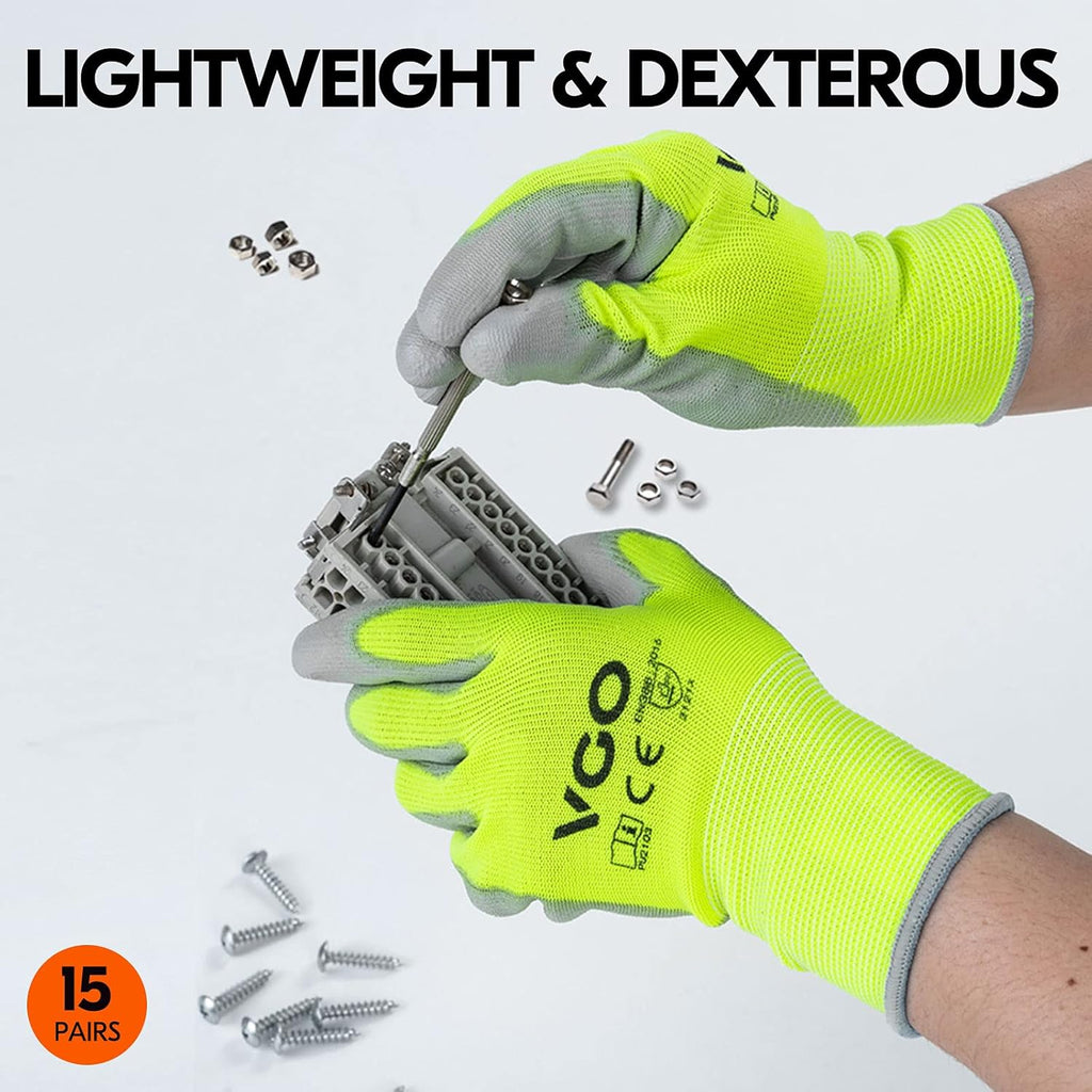 Vgo... 15-Pairs Safety Work Gloves, Gardening Gloves, Polyurethane Coated, Dipping Gloves, Latex Free (Size S, Yellow, PU2103)