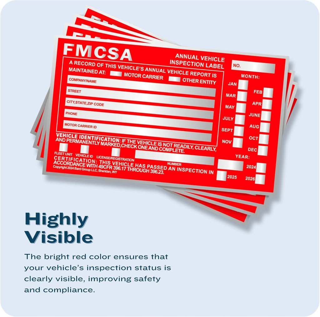 100-Pack DOT Compliant Aluminum Annual Vehicle Inspection Label – Red FMCSA Label with Punch Boxes