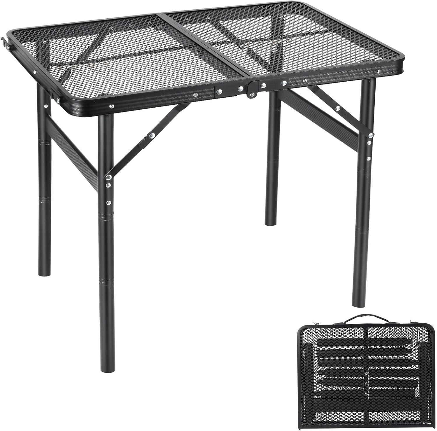 Camping Table Grill 4 Height Adjustable Small Folding 2FT Foldable Picnic Portable Grill Stand Mesh Outdoor Beach BBQ RV Black