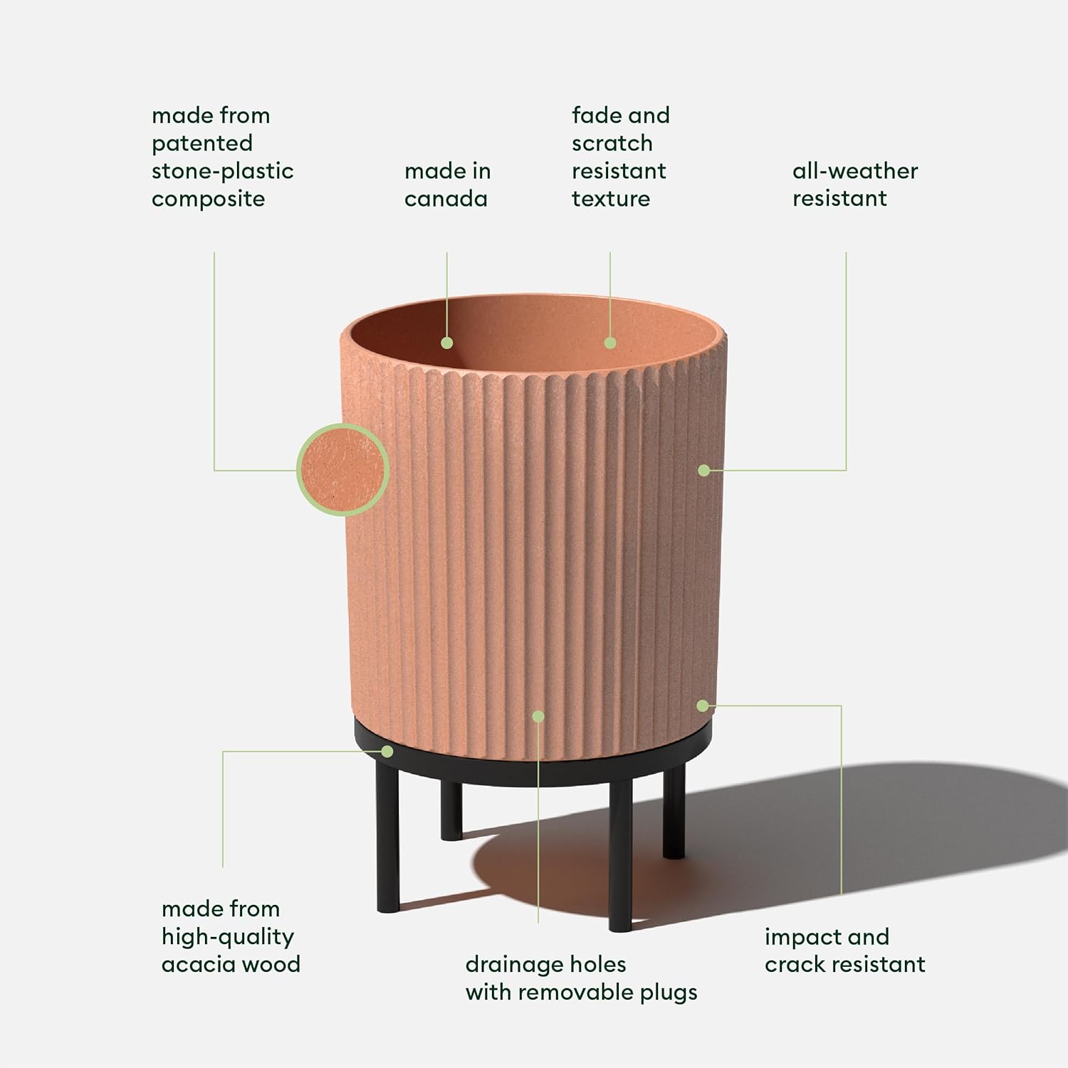 Veradek Demi Series Round Planter w/Stand for Porch/Patio | Durable Plastic-Stone Composite & Wooden Stand | Modern Décor for Tall Plants, Flowers