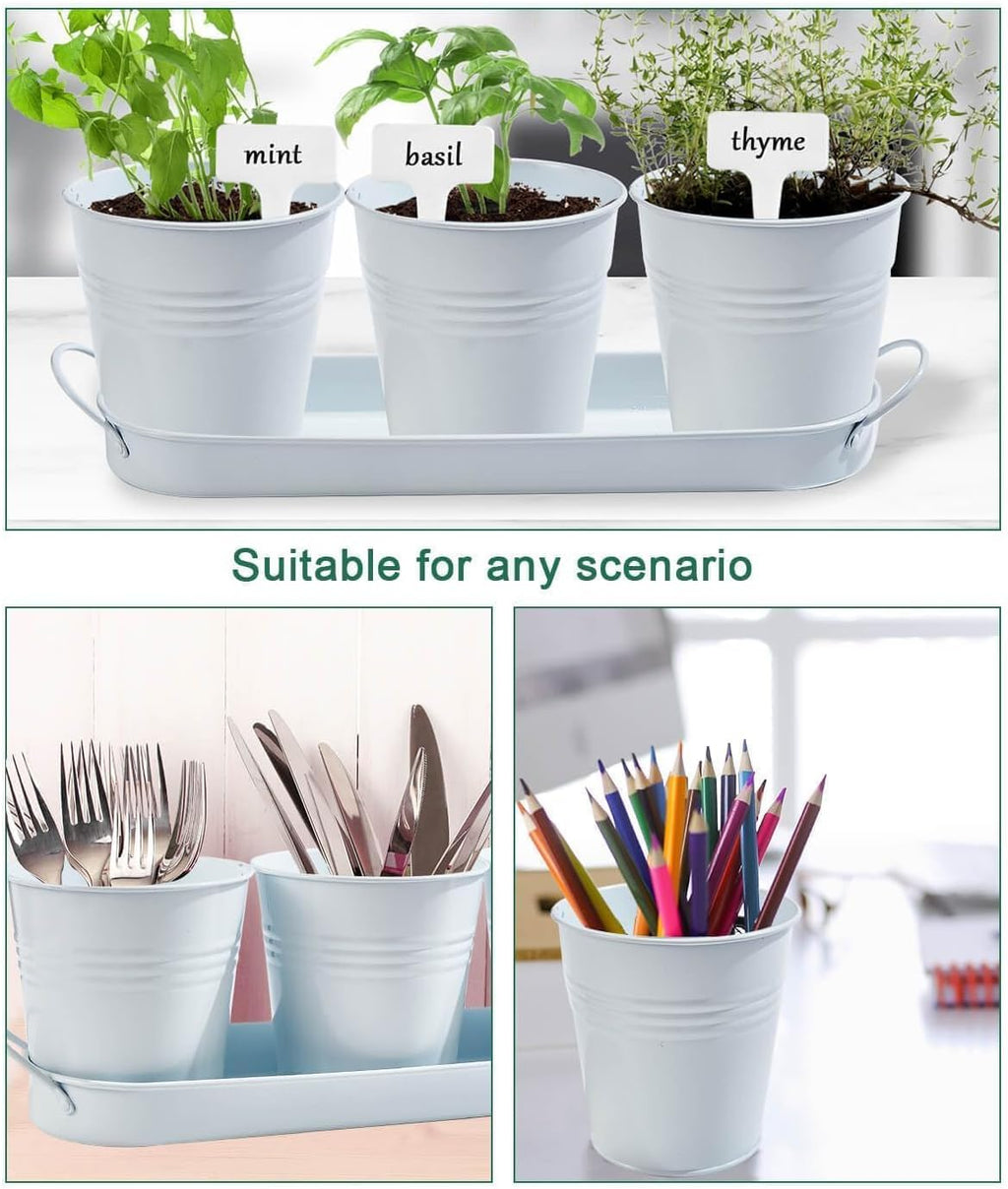 vensovo Indoor Herb Planter Set - Galvanized Windowsill Garden Pots with Tray & Drainage, Set of 3 Metal Window Planters for Kitchen & Outdoor Use, White