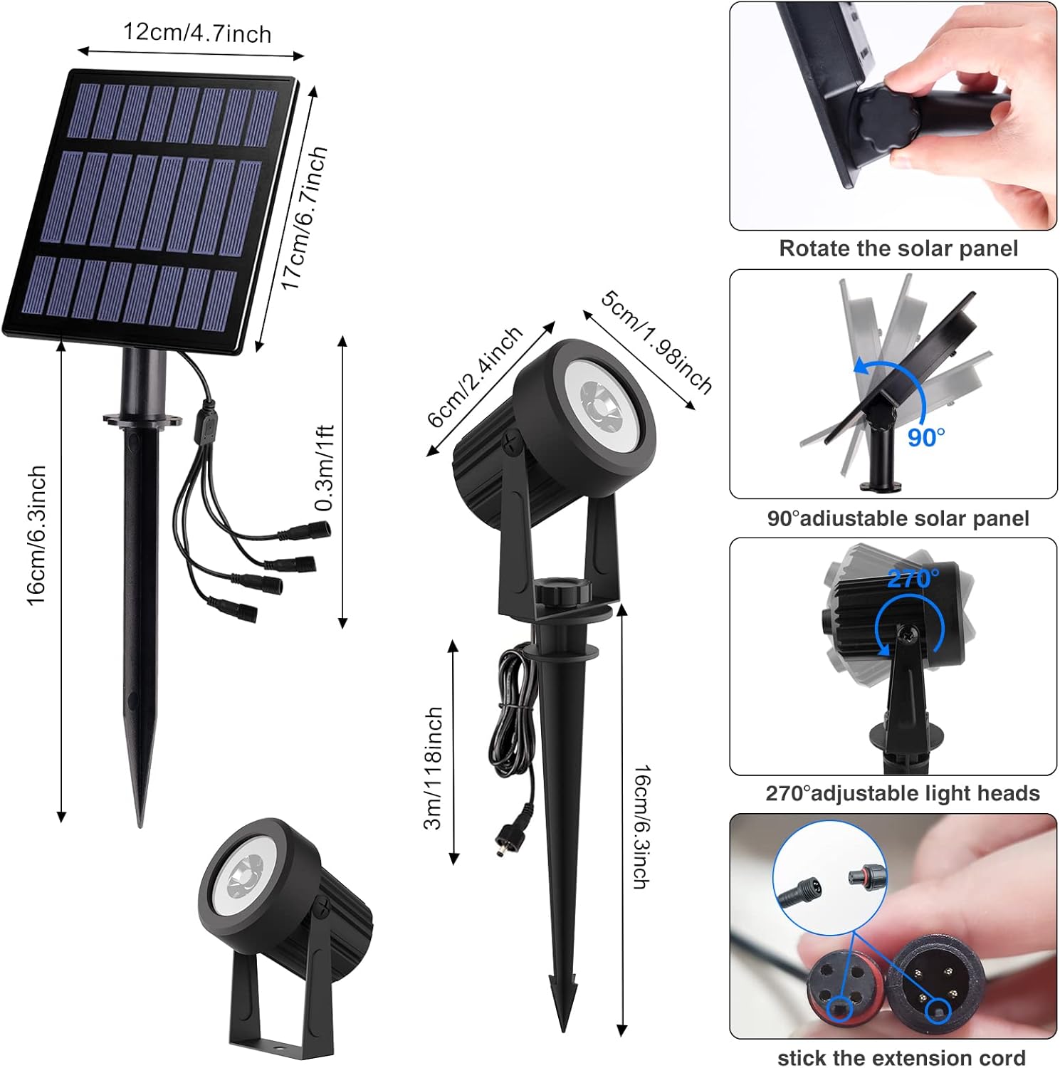 T-SUNUS Solar Garden Spotlight Outdoor Halloween, 4-in-1 Spot Lights IP65 Waterproof 9.8ft Cable 5W Separated Panel, Auto On/Off for Flag Christmas Tree Patio Yard Driveway Pathway Warm White 3000K