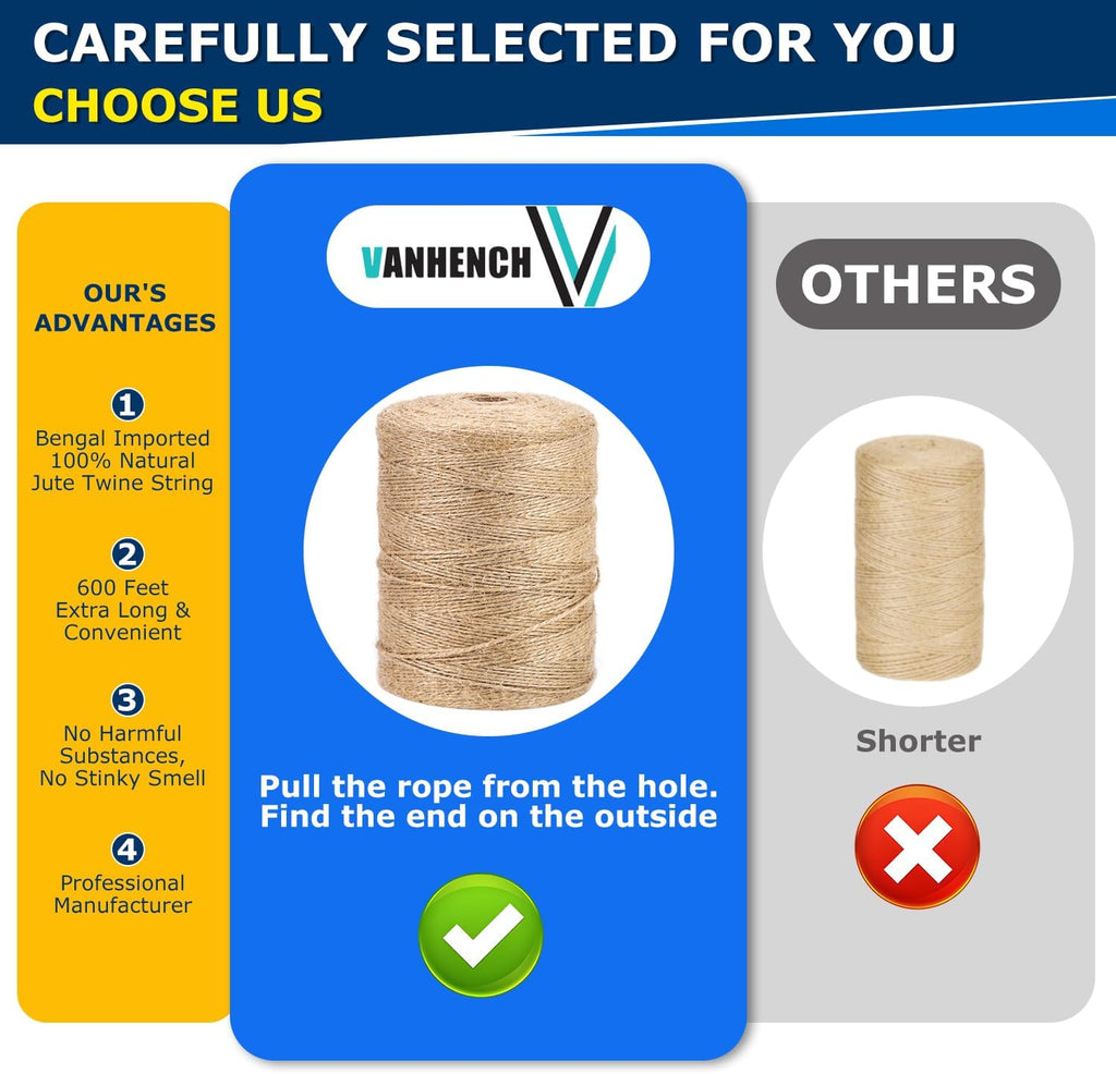 Vanhench 600Feet Natural Jute Twine String, Bulk Hemp Jute Rope Cord Twine for Crafts Gardening, Gift Wrapping, Christmas, Arts & Crafts, Wedding Décor, Packing Material Burlap Ribbon