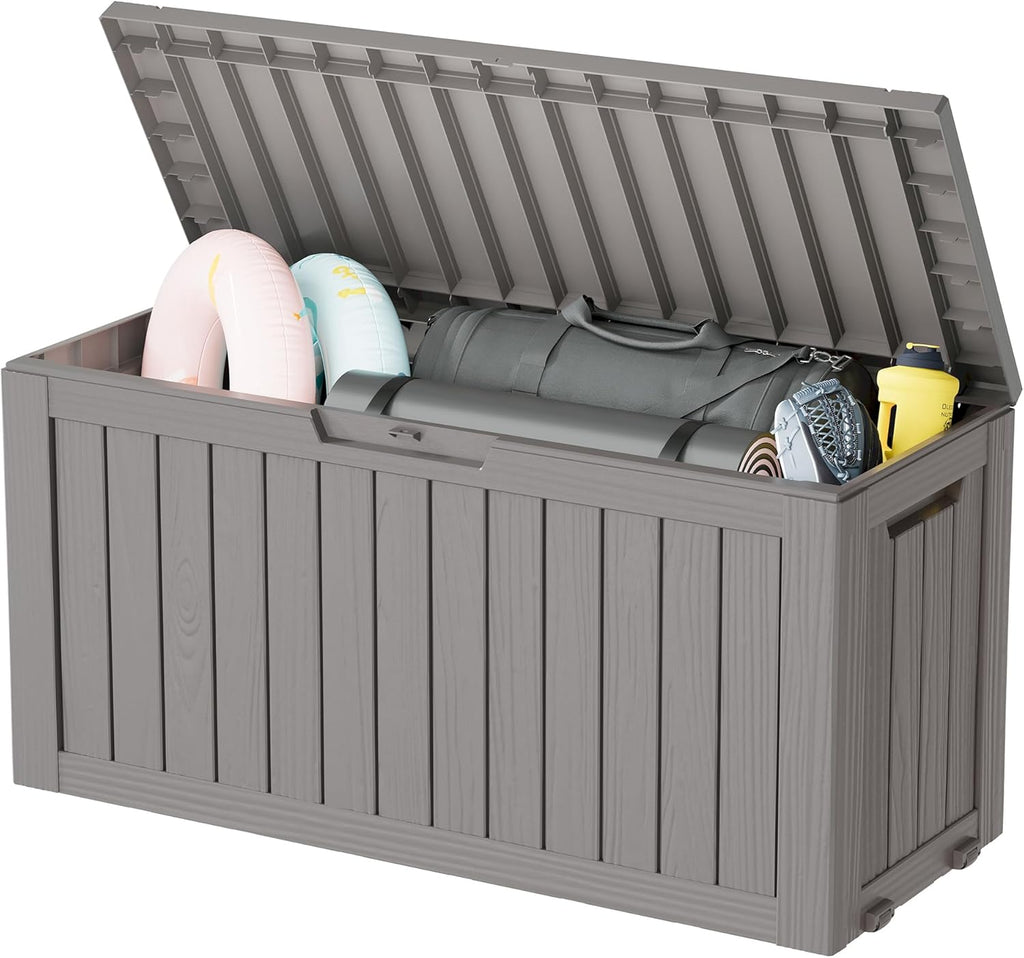 KAMABOKO Deck Box, 75 Gallon Resin Indoor and Outdoor Storage Boxes Waterproof for Garden Tools, Pool Accessories Storage Bench, Patio Furniture and Cushions with Lockable Lid, Grey