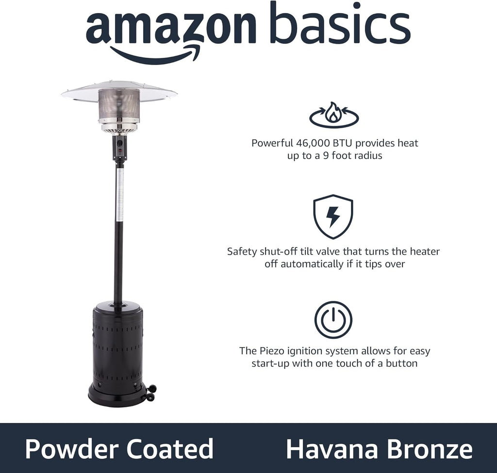 Amazon Basics 46,000 BTU Outdoor Propane Patio Heater with Wheels, Commercial & Residential, Havana Bronze, with Water Tank, 32.1 x 32.1 x 91.3 inches (LxWxH)