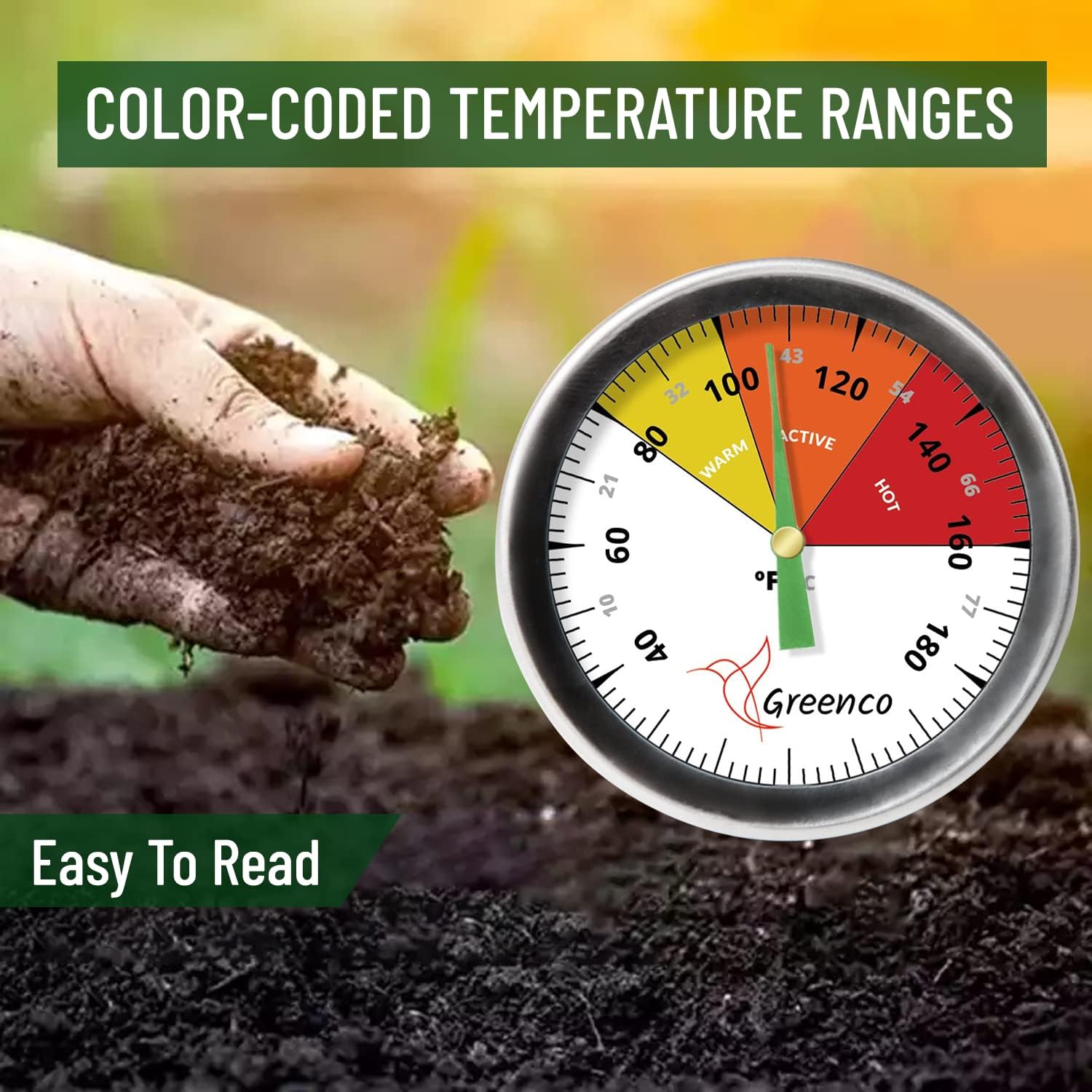 Compost Soil Thermometer by Greenco, Stainless Steel, Celsius and Fahrenheit Temperature Dial, 20 inch Stem
