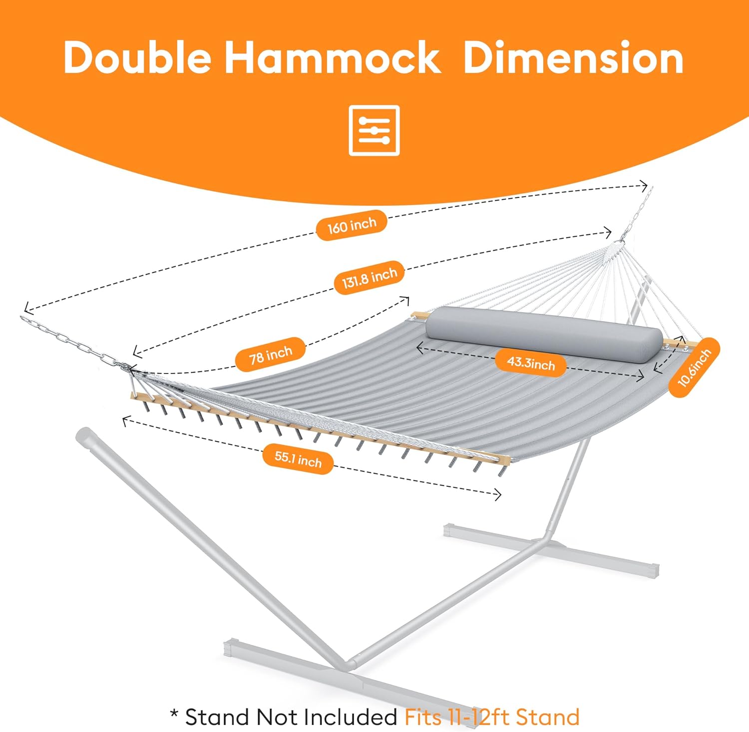 Double Hammock with Spreader Bar,Soft Pillow,Max Load 500lbs,Portable Hammock for Outdoor,Camping,and Backyard,Dark Gray