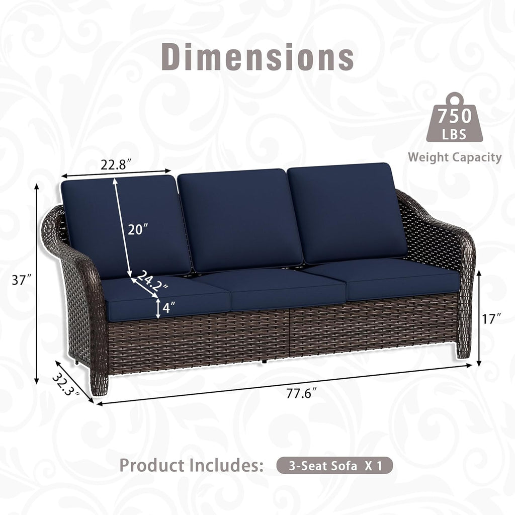 3 Piece Patio Wicker Conversation Set, All-Weather Use Outdoor Wicker Sofa with 2 PE Rattan Chair, Ideal for Porch, Backyard, Balcony, Poolside, Blue
