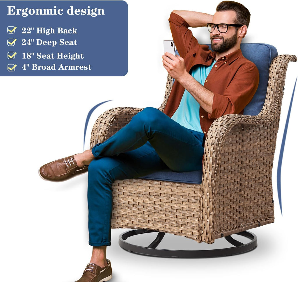 Wicker Outdoor Furniture Patio Furniture Set - 6 Piece Patio Conversation Set with Swivel Rocker Chairs, Rattan Sofa, Ottomans and Coffee Table, Blue Cushion