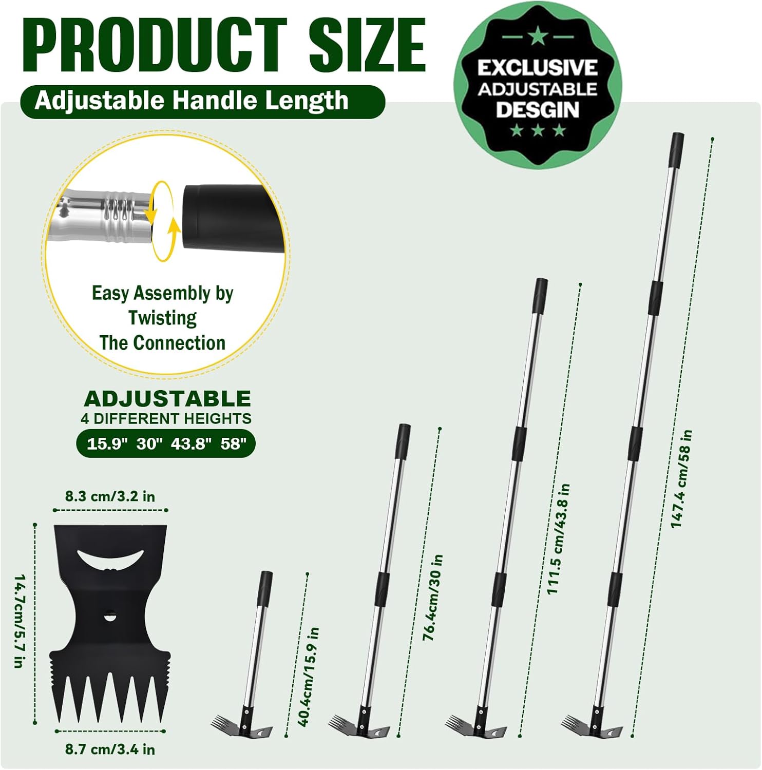 Weed Puller Tool with Long Handle - 58" Manual Weeder Remover Tool, 2 in 1 Hand Weed Rake and Garden Hoe for Gardening, Heavy Duty Uprooting Weeding Pull for Yard, Lawn, Patio and Garden