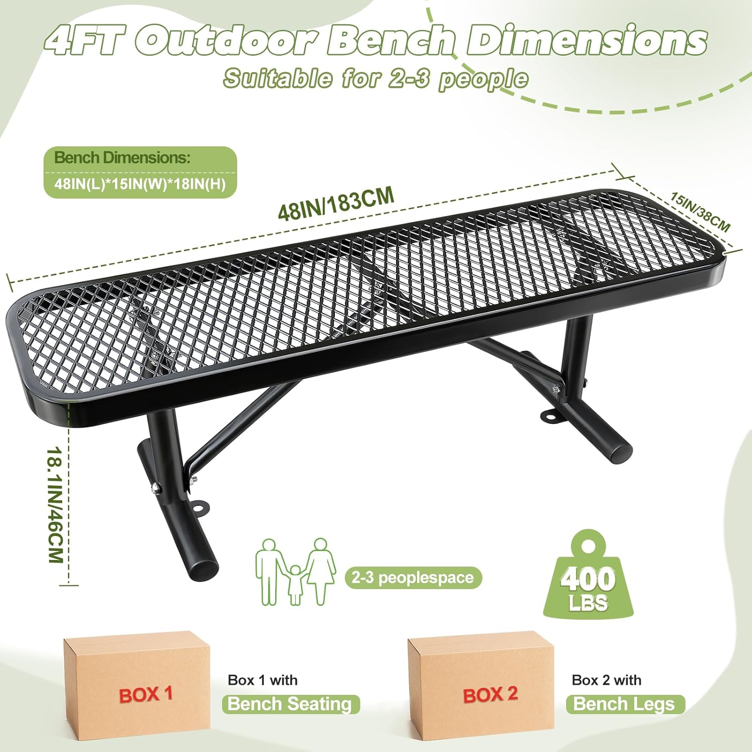 Heavy-Duty Park Bench or Table for Outside - Black Coated Outdoor Furniture Steel Bench, Commercial-Grade Outdoor Benches Weatherproof for Park, Patio, Porch (Black, 4FT (Without Backrest))