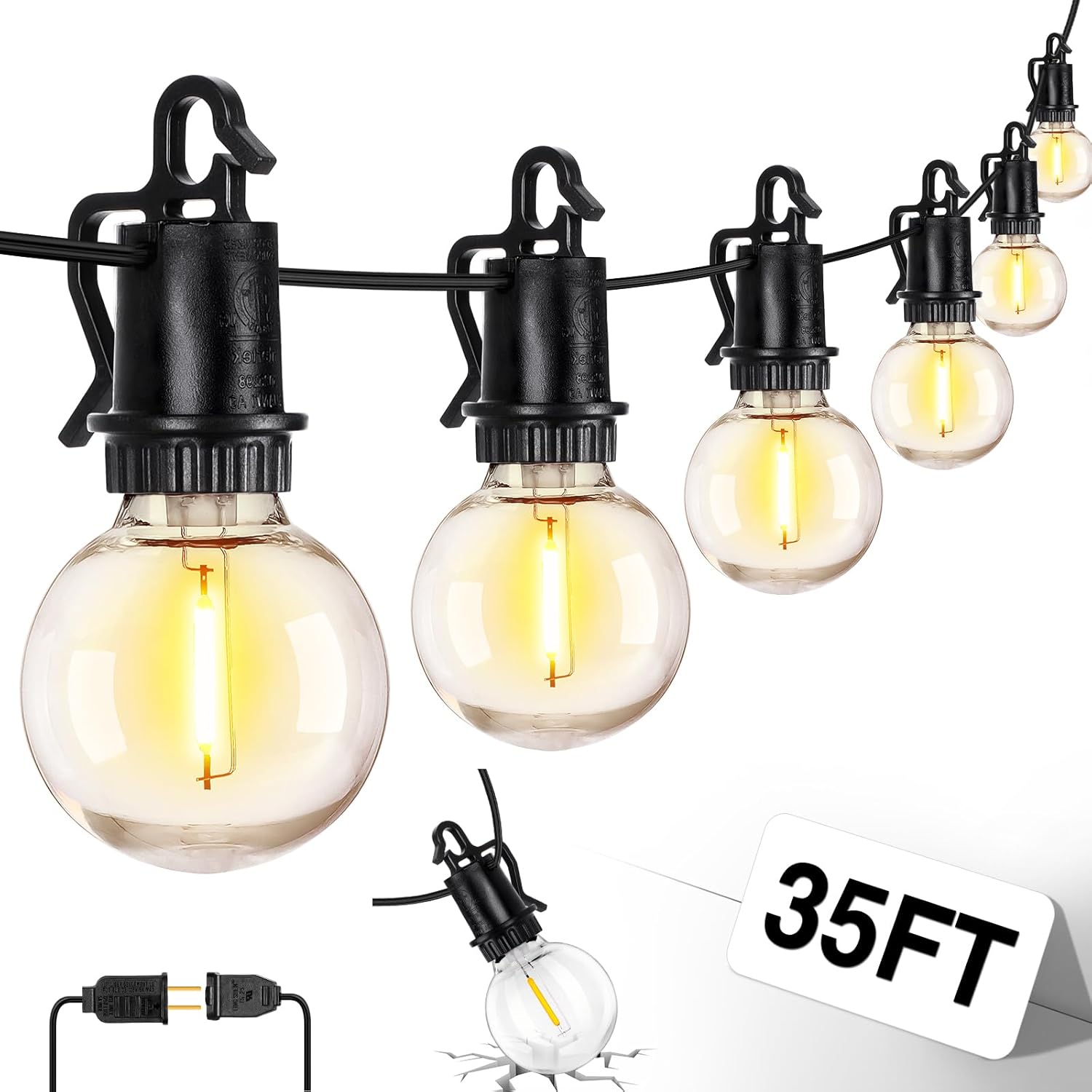 ZJOJO 35FT Outdoor String Lights, G40 Globe Outdoor Lights with 15 Shatterproof LED Bulbs 2700K, IP65 Waterproof Patio Light
