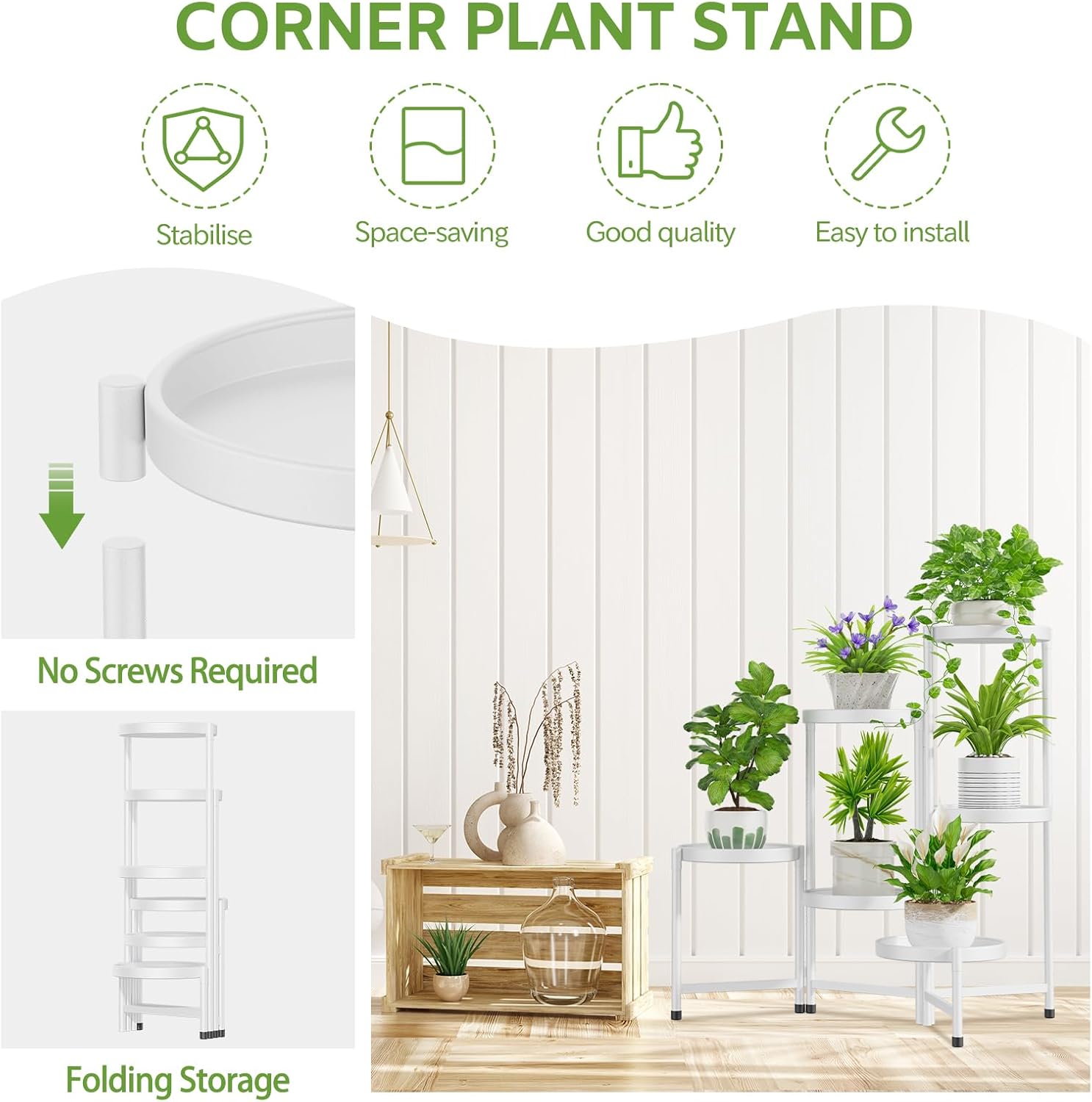 iDavosic.ly 6 Tier Large Plant Stand Indoor with 10 Inch Wide Tray, Tiered Corner Metal Outdoor Flower Display Holder Shelf, Folding Tall Rack for Patio Porch Living Room, White