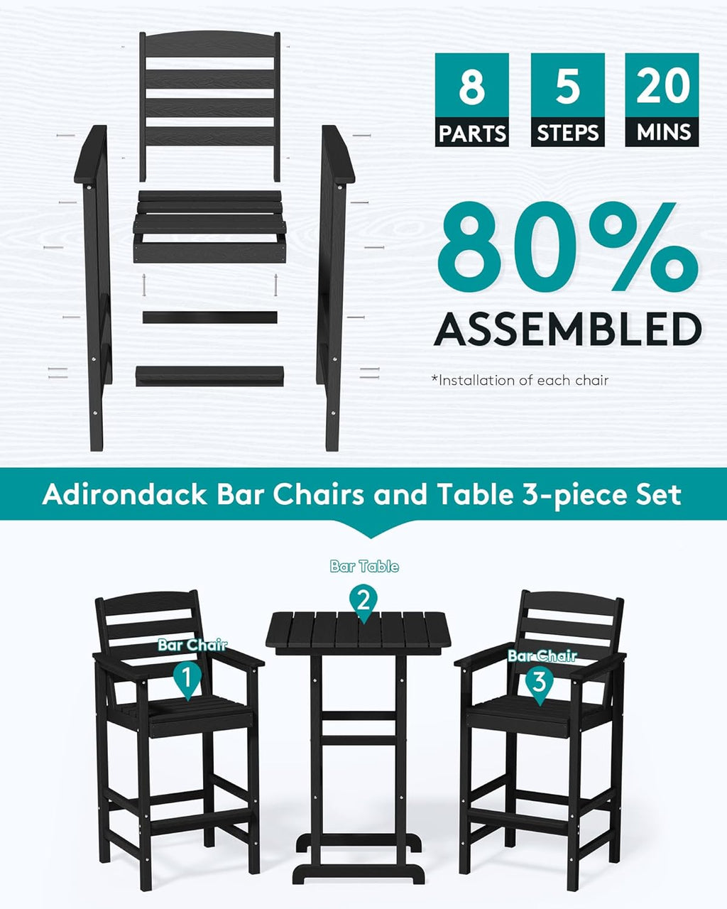 SERWALL Balcony Adirondack Chairs and Table 3 Pieces Set, Adirondack Bar Height Chairs Set of 2 and Bar Table, Outdoor Bar Stools Set for Bistro, Poolside, Backyard, Black
