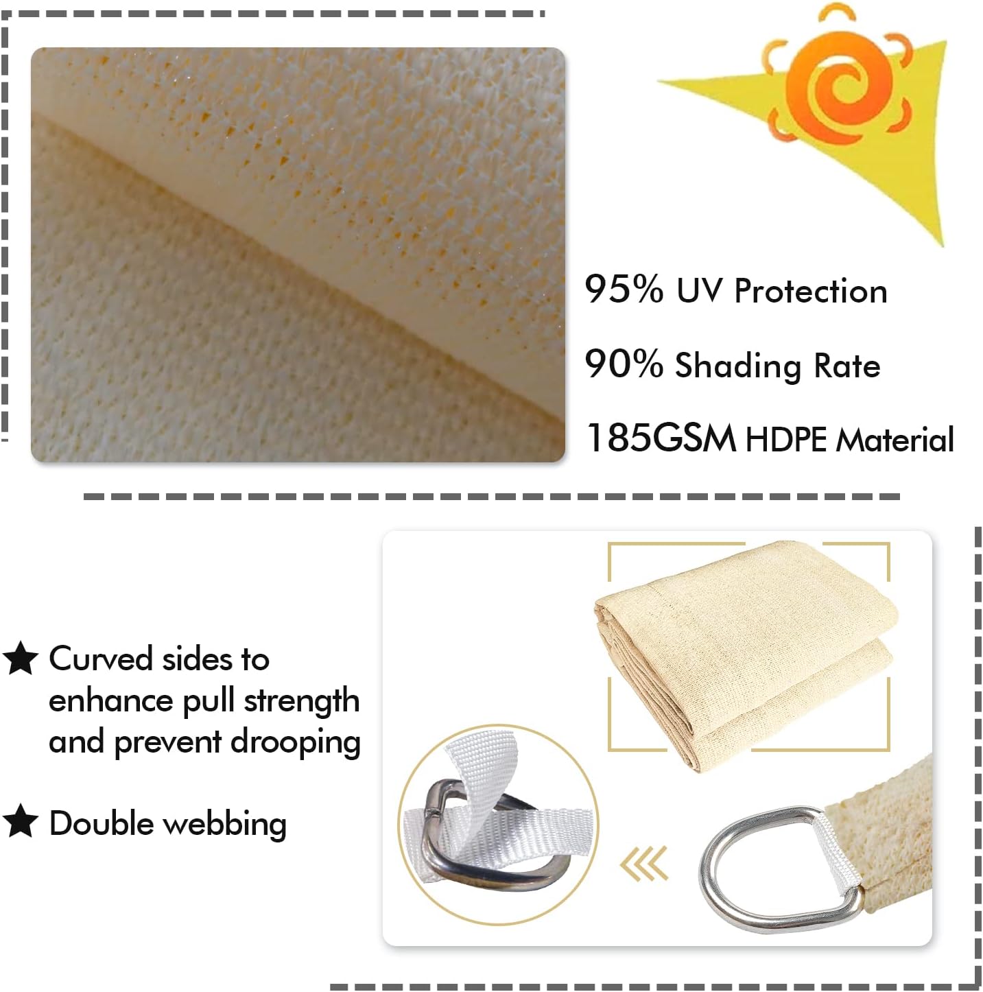 KANAGAWA 7'X12' Cream Custom Size Sun Shade Sail Rectangle UV Block Canopy Cover for Patio Backyard Lawn Garden Outdoor (Customized Available)