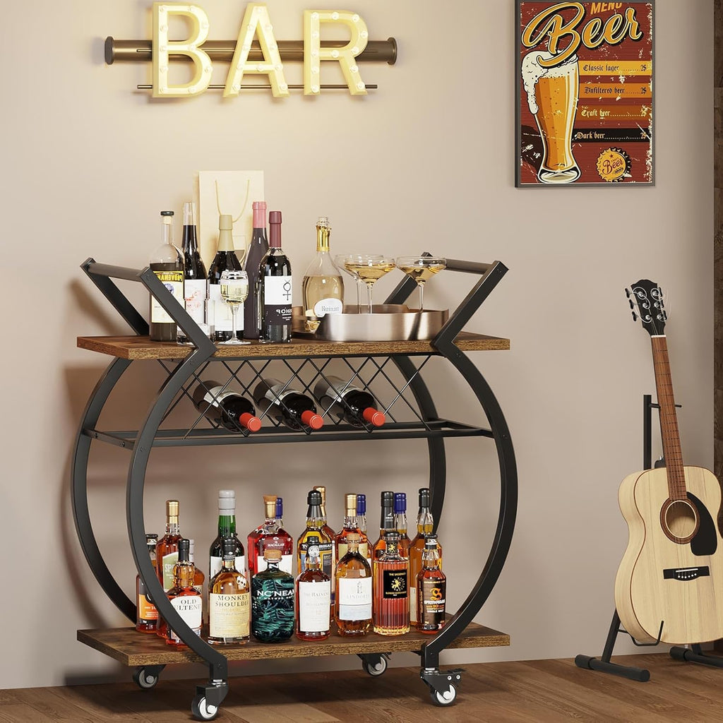 LVB Industrial Kitchen Bar Cart, Farmhouse Beverage Serving Liquor Cart with Wheels, Wood and Metal Rolling Wine Cart with Storage Shelf, Microwave Drink Cart for Home Living Dining Room, Rustic Brown