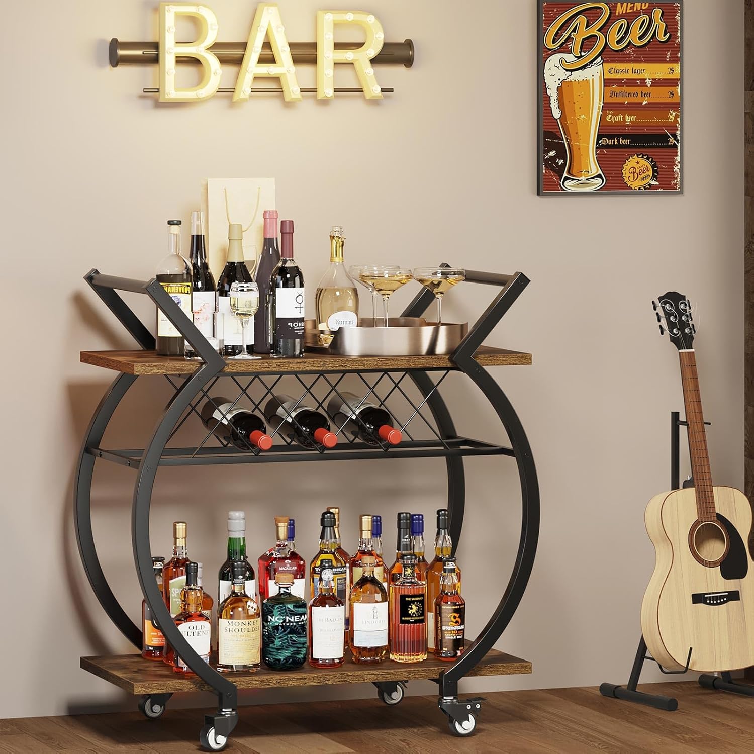 LVB Industrial Kitchen Bar Cart, Farmhouse Beverage Serving Liquor Cart with Wheels, Wood and Metal Rolling Wine Cart with Storage Shelf, Microwave Drink Cart for Home Living Dining Room, Rustic Brown