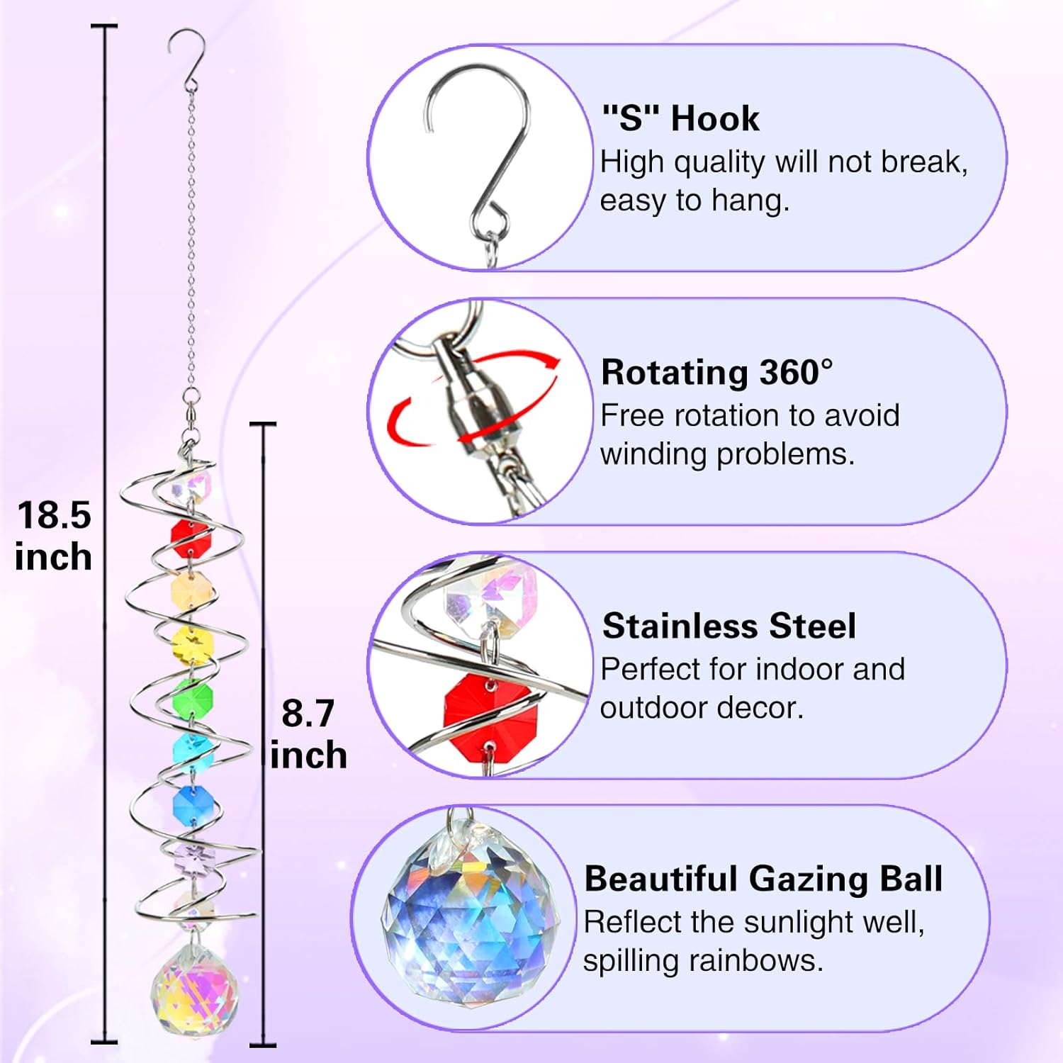 Suncatcher Wind Spinner Gazing Ball Spiral Tail, Crystal Sun Catchers with Seven Chakra Beads Window Hanging for Indoor Home Outdoor Garden Decor Wedding Birthday Party Gifts for Girl Women Mom