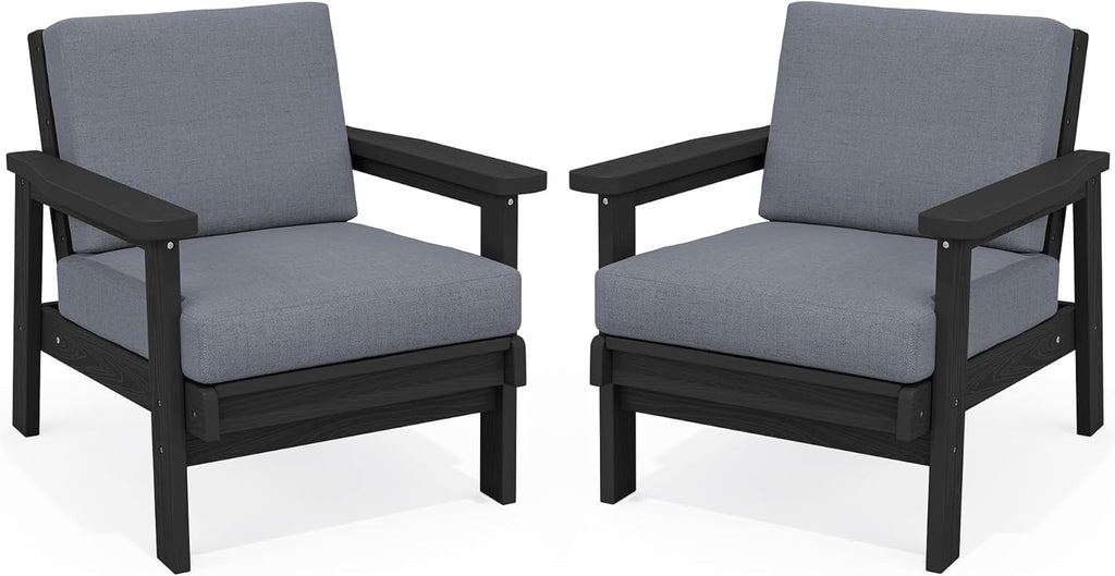 SERWALL HDPE Outdoor Couch Set of 2, Black Frame and Grey Cushion