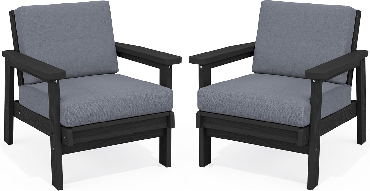 SERWALL HDPE Outdoor Couch Set of 2, Black Frame and Grey Cushion