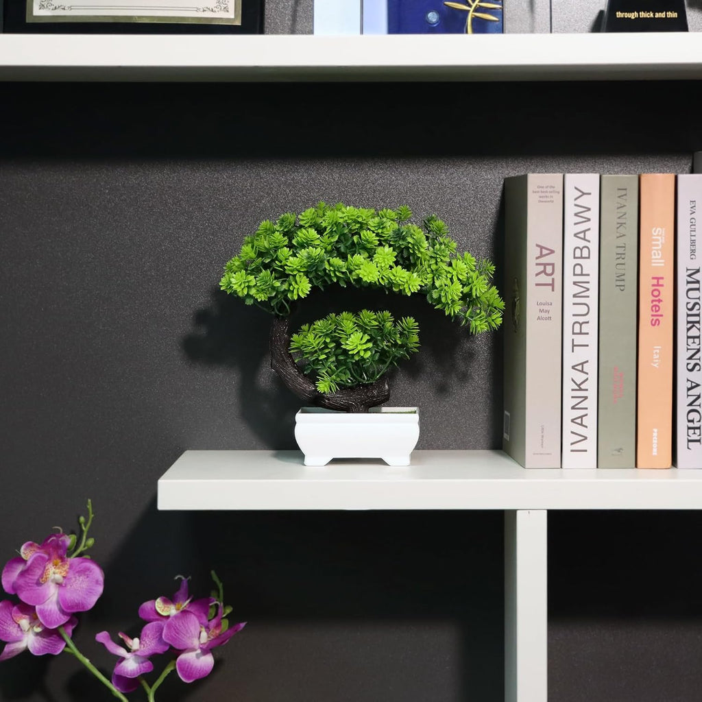Small Artificial Plants Greenery Desktop Bonsai - Green Plastic Fake Plants for Home Decor, Indoor Bookshelf, Office Desk and Bathroom Room Decor, Tall 8.5"