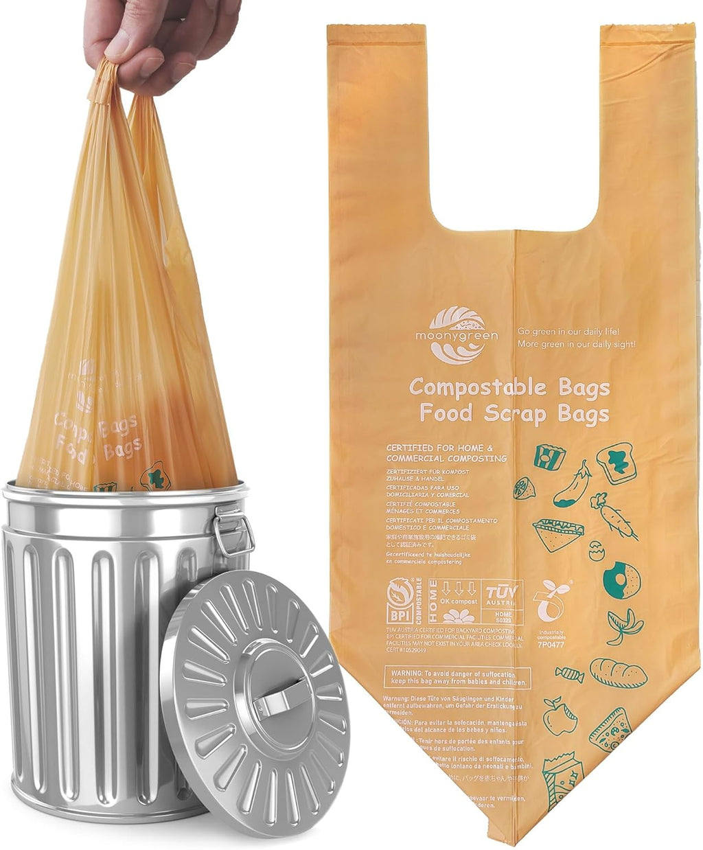 1.6 Gallon Compostable Handle Tie Garbage Bags, Small Trash Bags for Countertop Bin, Extra Thick 0.63 Mils, Certified US BPI ASTM D6400, 6 Liter, 100 Count