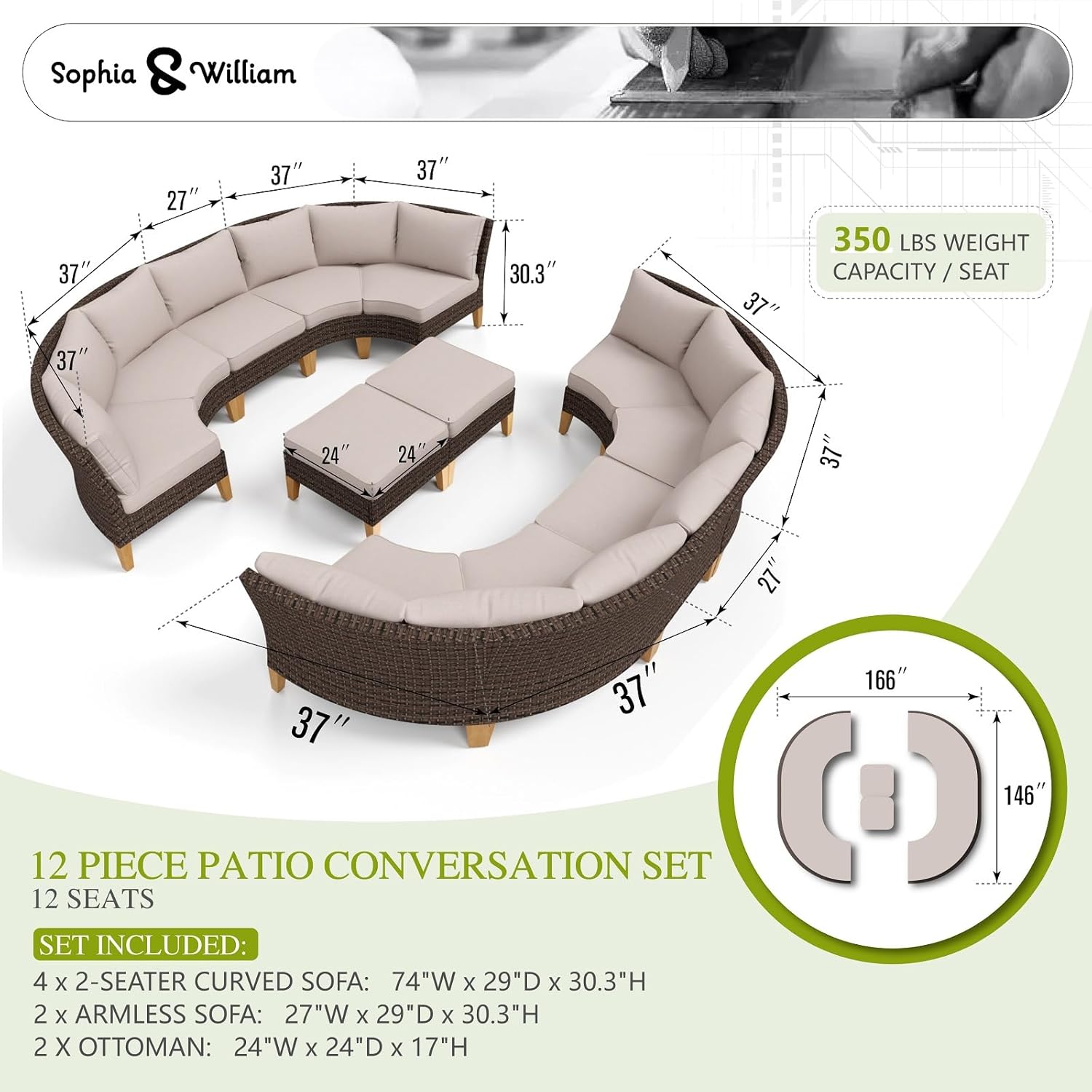 Sophia & William Oversized Half-Moon Outdoor Patio Furniture Set, 12 Piece Curved Outdoor Sectional Sofa Rattan Patio Conversation Set with 4 x Curved Sofa, 2X Armless Chairs, 2 x Ottoman, Beige