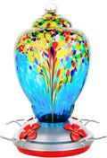 WOSIBO Hummingbird Feeder for Outdoors Patio Large 32 Ounces Colorful Hand Blown Glass Hummingbird Feeder with Ant Moat Hanging Hook, Rope, Brush and Service Card (Blue-White)
