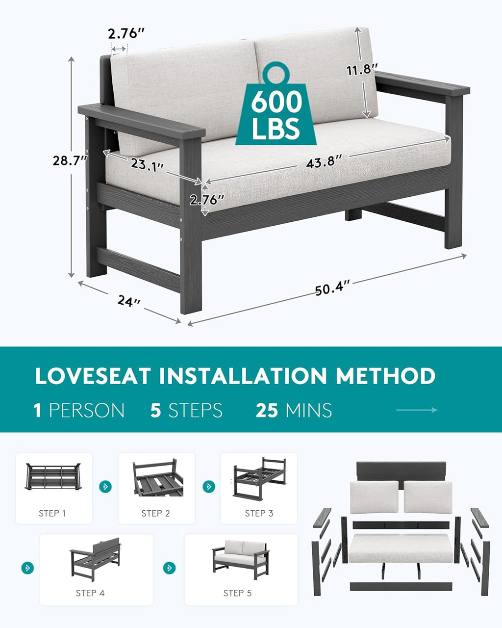 SERWALL Gray HDPE Outdoor Loveseat with Khaki Cushions, All Weather Use Outdoor Loveseat Sofa, Gray Frame with Khaki Cushions