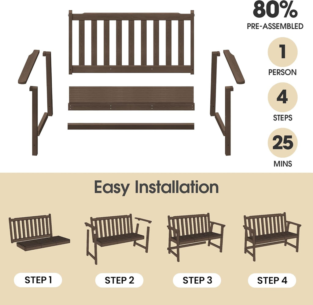 Ciokea 44" Outdoor Bench Set of 2, HDPE Weatherproof Garden Bench, 2-Person Memorial Benches with 550 Lbs, Waterproof Patio Porch Benches for Outside Business Deck Office Backyard Balcony, Brown