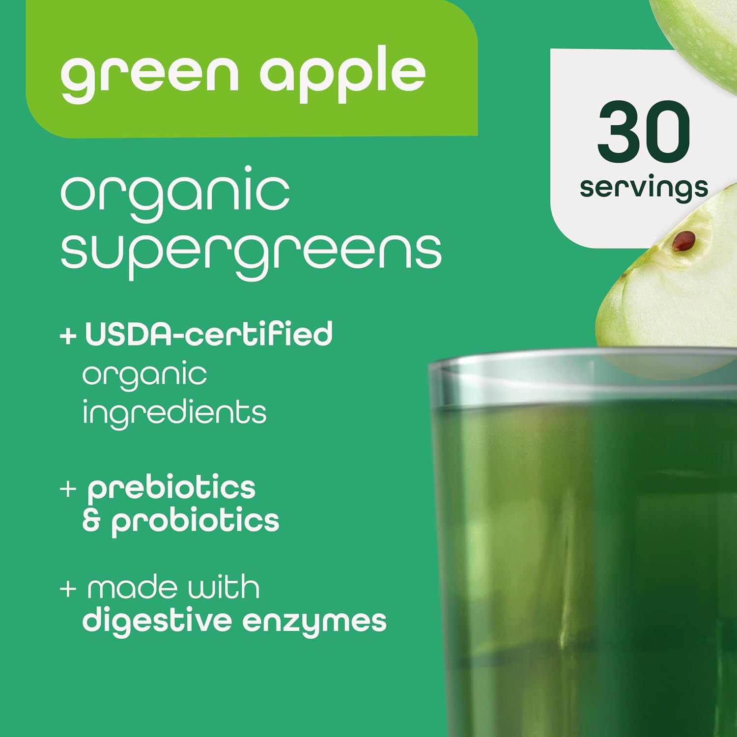 Zena Nutrition Organic Super Greens Powder, 70+ Superfoods, 0 Sugar, 3G Fiber, Spirulina, Chlorella, Antioxidants, Prebiotics/Probiotics, Digestive Enzymes, Green Apple, 30 Servings