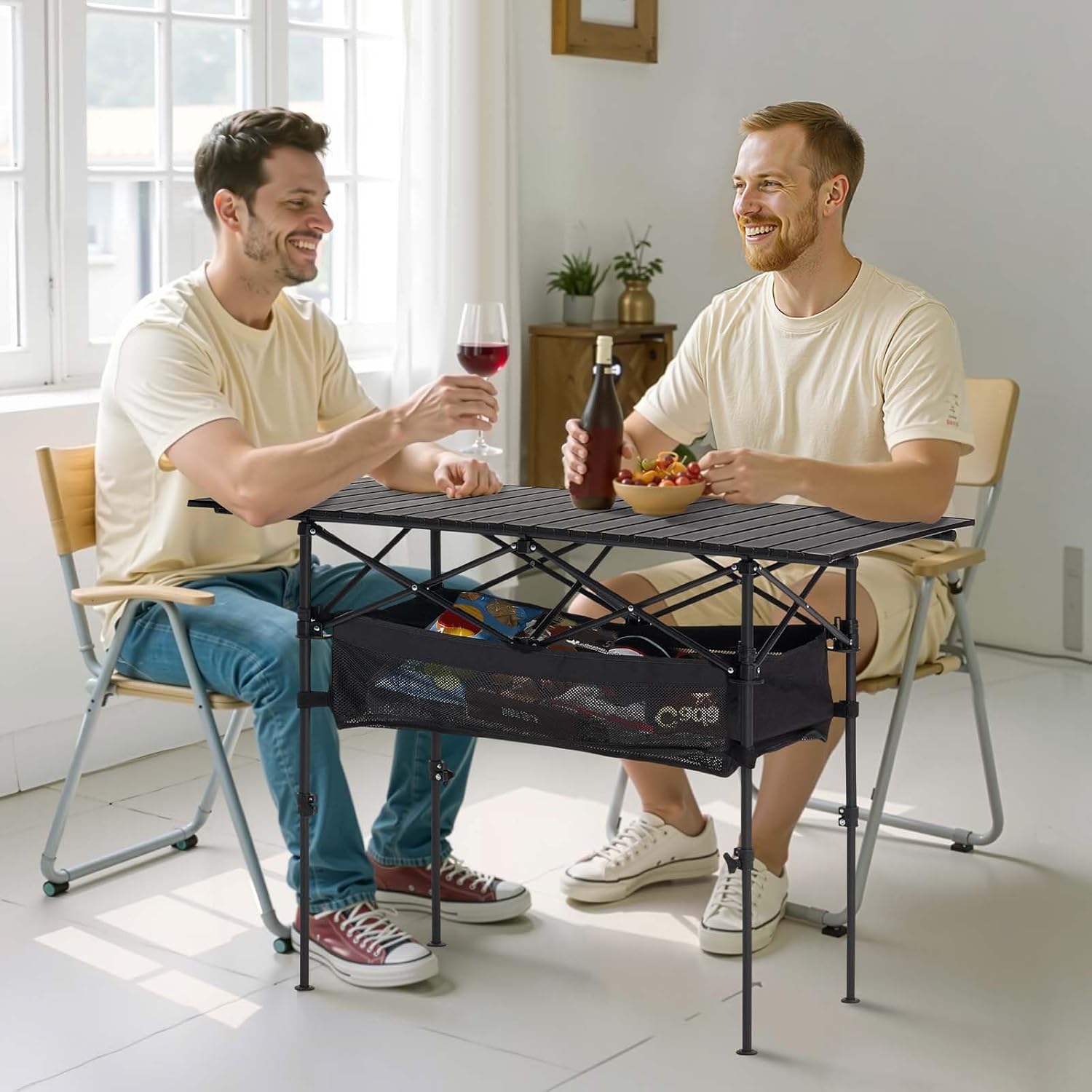 VEVOR Folding Camping Table, Portable Roll Up Side Tables, Lightweight Aluminum Beach Table with Adjustable Height, for Outdoor BBQ Tailgating Picnic, Travel (47 inch-Black)
