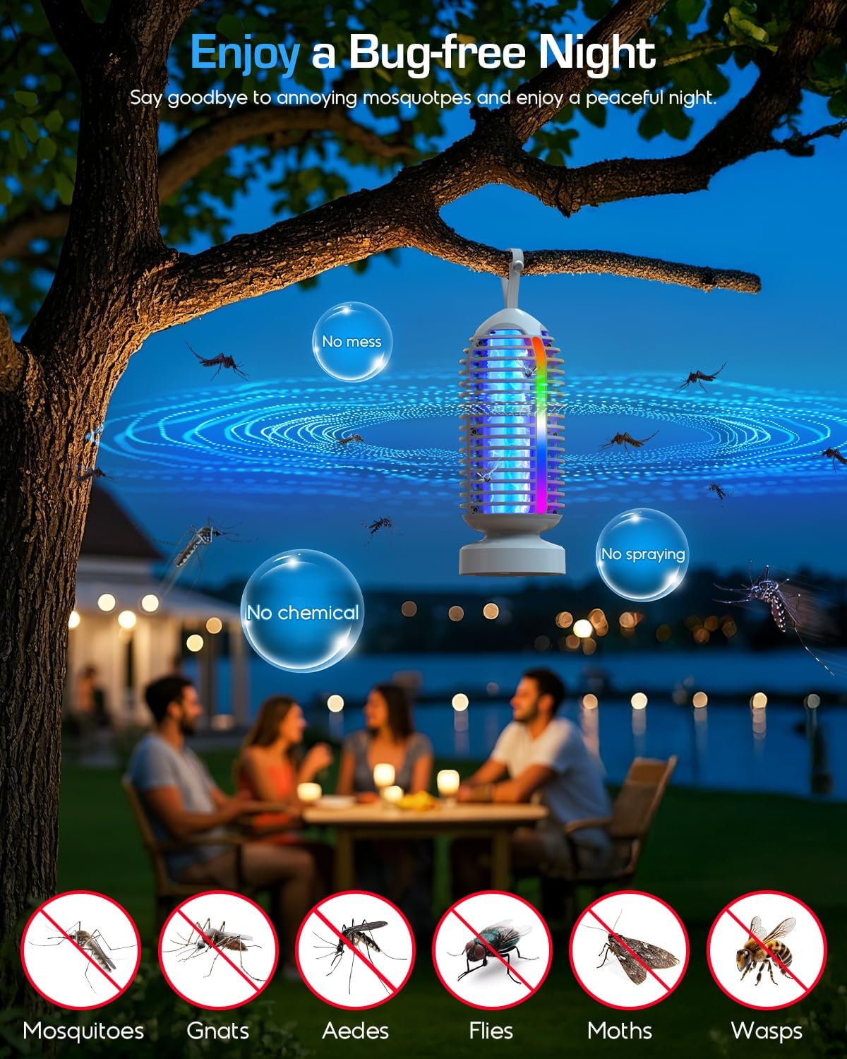 Bug Zapper Outdoor with Marquee Light, Cordless Mosquito Zapper, 4000mAh Rechargeable Electric Bug Zapper Indoor, Auto On/Off Waterproof Mosquito Trap Fly Zapper for Patio Backyard Kitchen Camping