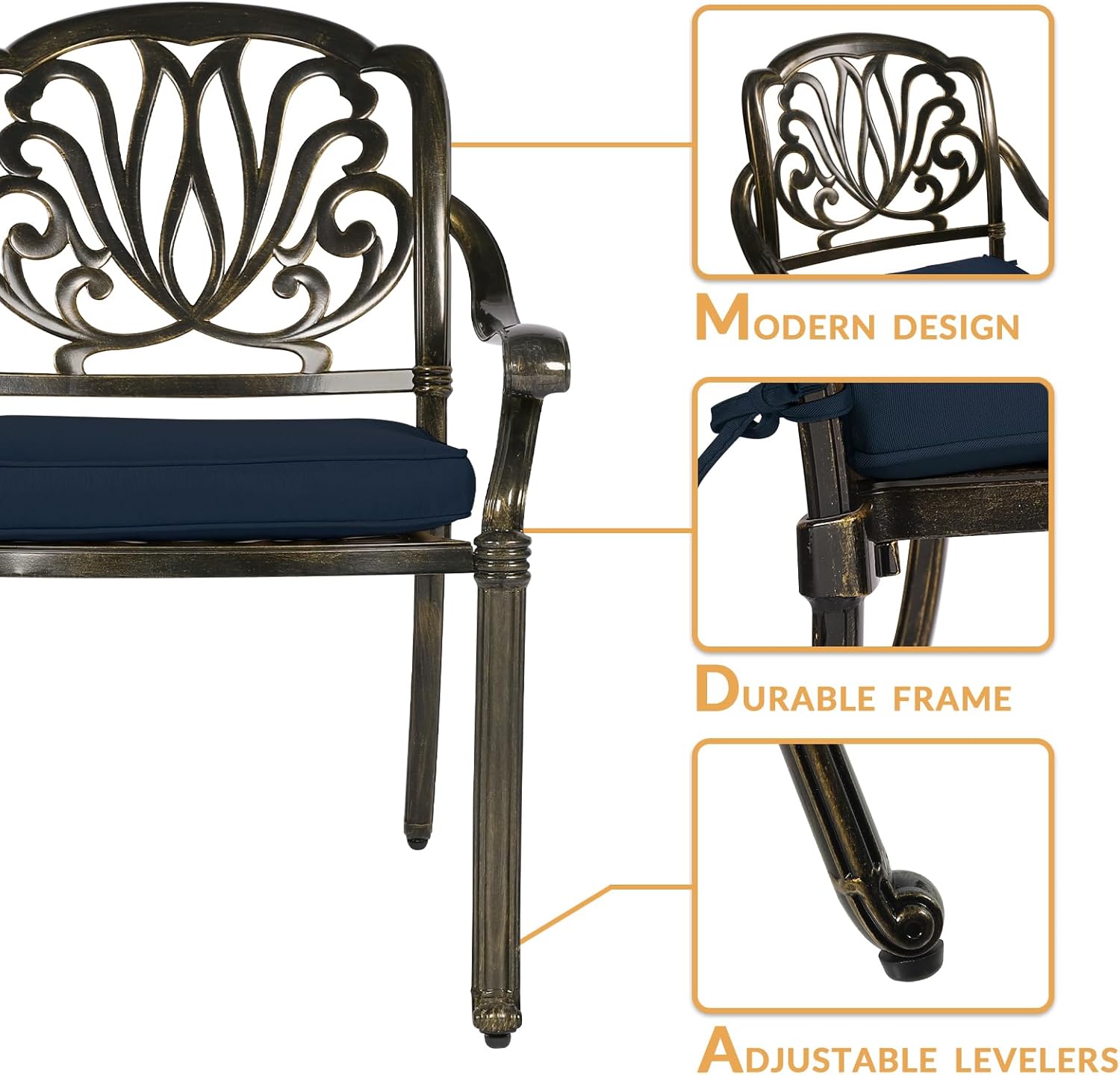 3-Piece Outdoor Patio Dining Set, All-Weather Cast Aluminum Patio Furniture Set for Backyard Garden Deck with 2 Cushioned Chairs and 35.4” Round Table, 2" Umbrella Hole, Navy Blue