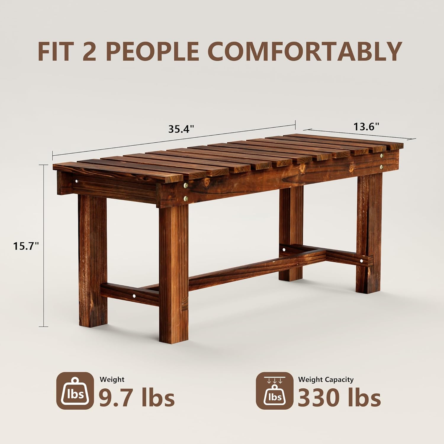 35.5" Outdoor Garden Bench, Weatherproof Patio Benches 2-Person Seat Backless Wooden Porch Bench, Multifunctional Slat All Weather Bench for Garden Lawn Porch Park Backyard (Carbonized Brown)