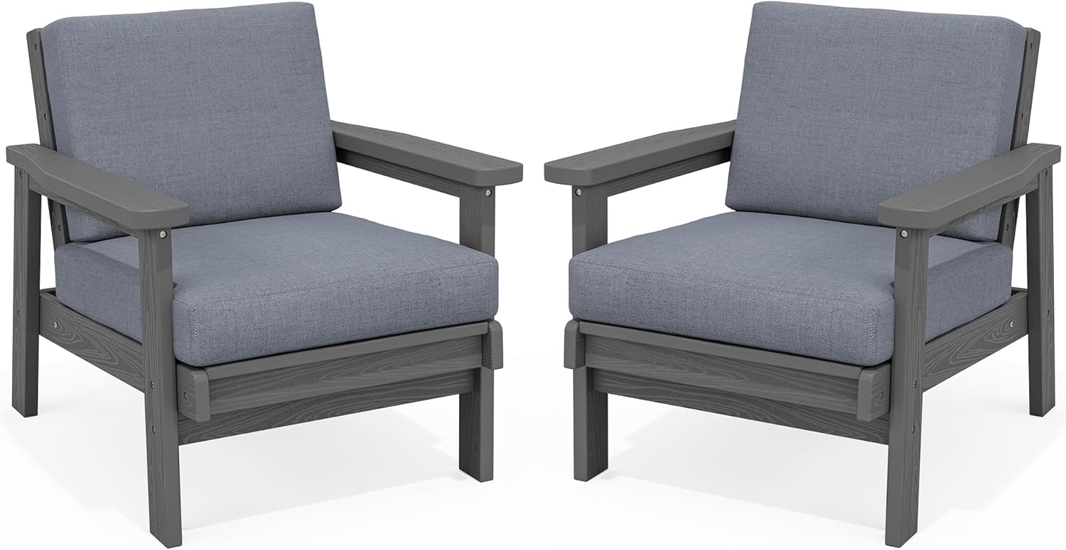 SERWALL HDPE Outdoor Couch Set of 2, Grey Frame and Grey Cushion