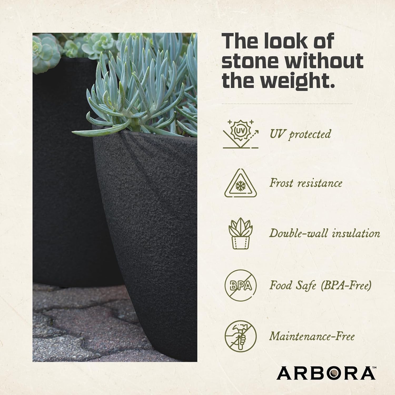 ARBORA 16" Mykonos Square Polyresin Indoor and Outdoor Planter with Classic Black Finish - Durable, Weatherproof, Lightweight, Large Plant Pot for Patio, Garden, Deck, Entryway