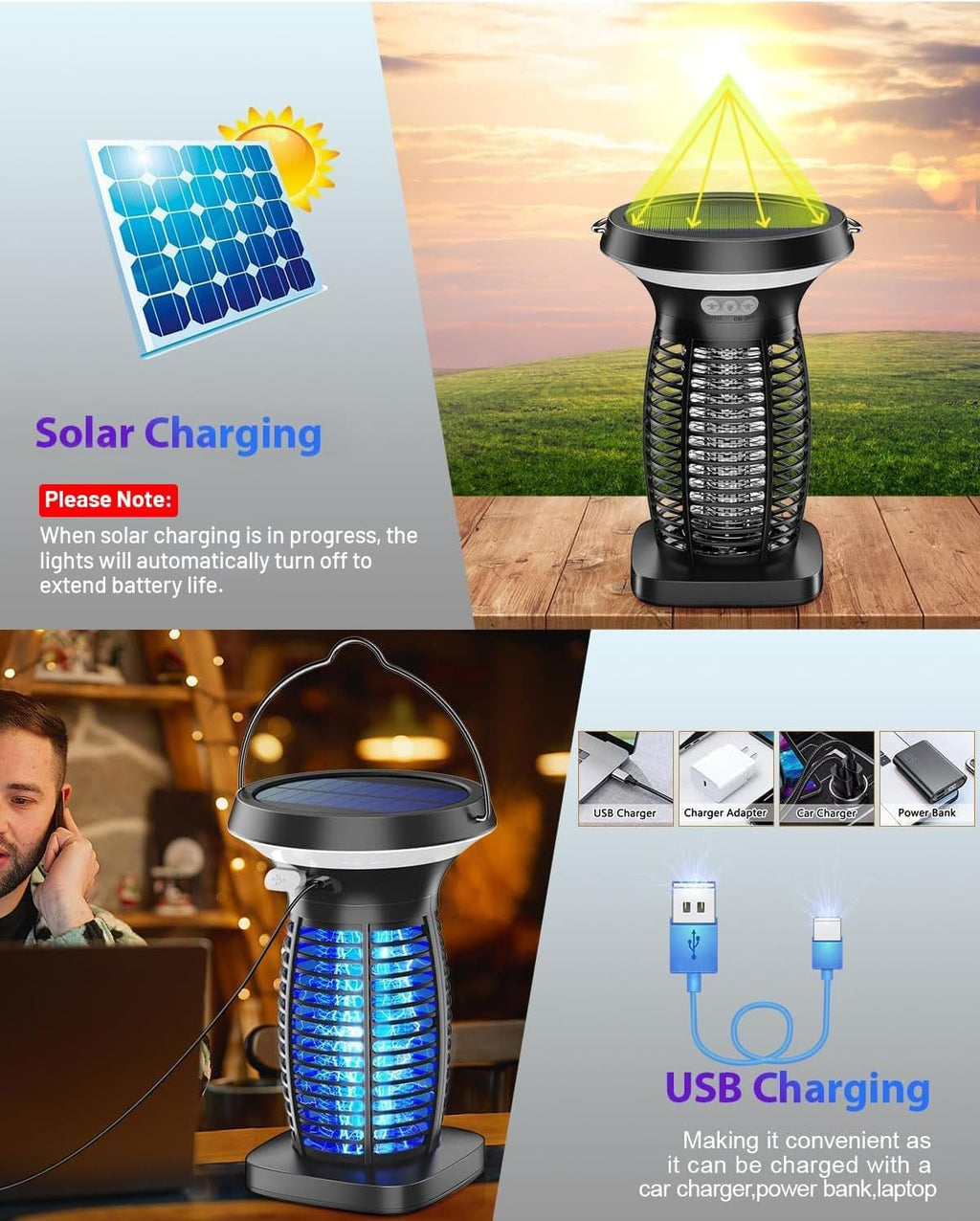 Solar Bug Zapper Outdoor Waterproof, Portable Pest Control Electric Mosquito Zapper Killer with Panel Sensor, Rechargeable Insect Trap Fly Zapper for Home, Patio, Backyard, Camping