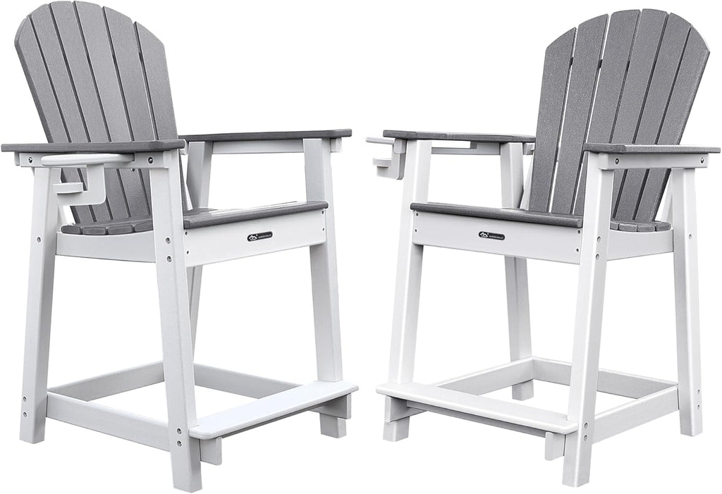 Tall Adirondack Chairs Set of 2, Adirondack Barstools, Weather Patio Garden Pool Fire Pit Balcony Outdoor Bar Stools HDPE Plastic Barstools with Backs for Garden, Backyard, Yard (Grey)