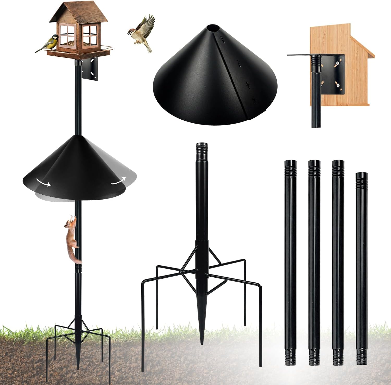 Bird Feeder Pole for Outdoors, 74.5 Inch Tall with 1-Inch Heavy Duty Steel Tube, 18 Inch Squirrel Baffle, 5-Prong Base, Adjustable Feeding Station for Bird feeders for Outdoors birdbath