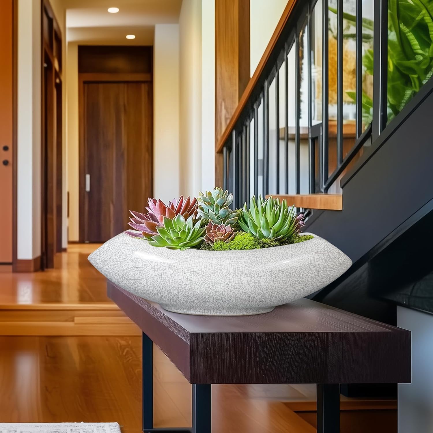 Ceramic Bonsai Tree Pot - 18 Inch Ceramic Pots for Plants, Large Succulent Planter with Drainage Hole for Indoor Outdoor, Unique Planters for Flower, Home Decor, Gardening Gifts, White-Black