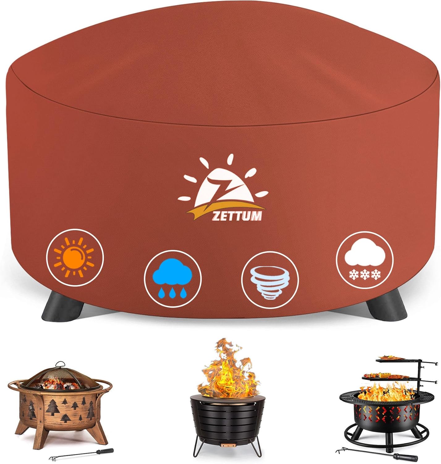 Fire Pit Cover Round 44 Inch - Outdoor Firepit Cover Heavy Duty & Waterproof, 600D Patio Fire Table Covers Gas Fire Pit Accessories Fade & Weather Resistant Brown - 44 x 44 x 24 Inch