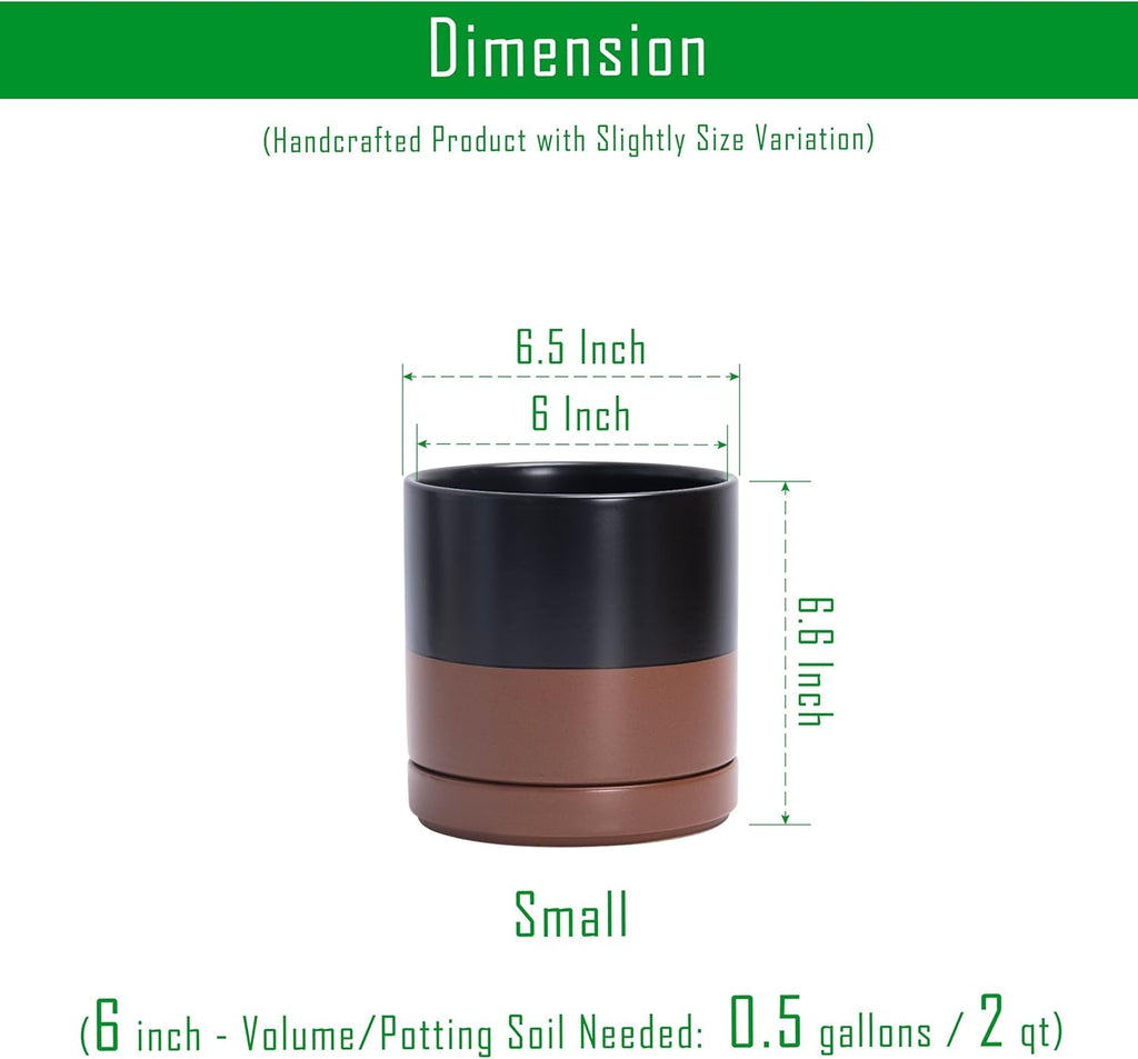 D'vine Dev 6.5 Inch Ceramic Planter Pot with Drainage Hole and Saucer, Indoor Cylinder Round Planter Pot, Black/Speckled Tan, 94-O-C-7
