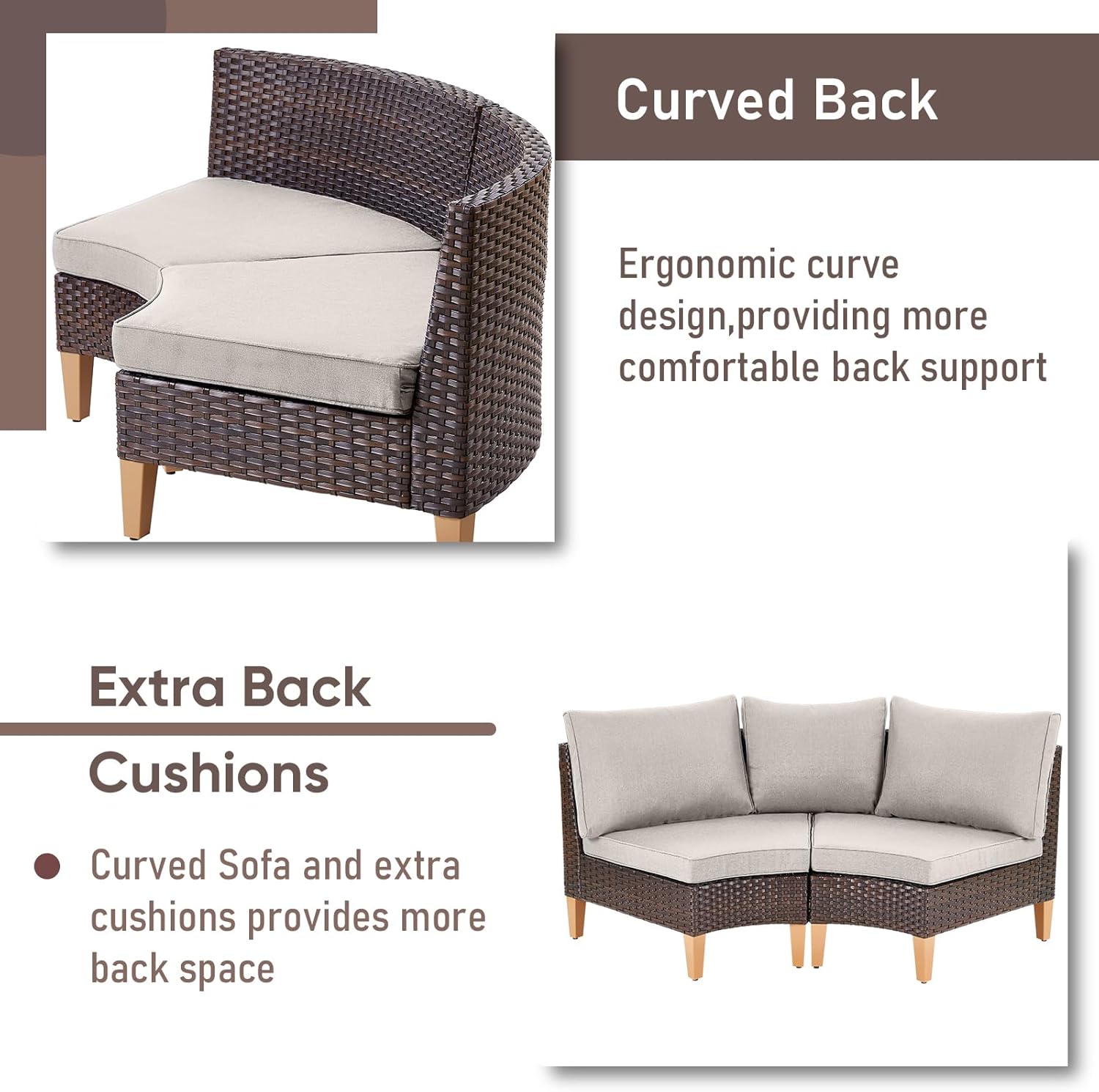 HUMMUH Outdoor Modular Sectional Couch All Weather PE Wicker Patio Sofa Half-Moon Loveseat for Garden Porch Backyard