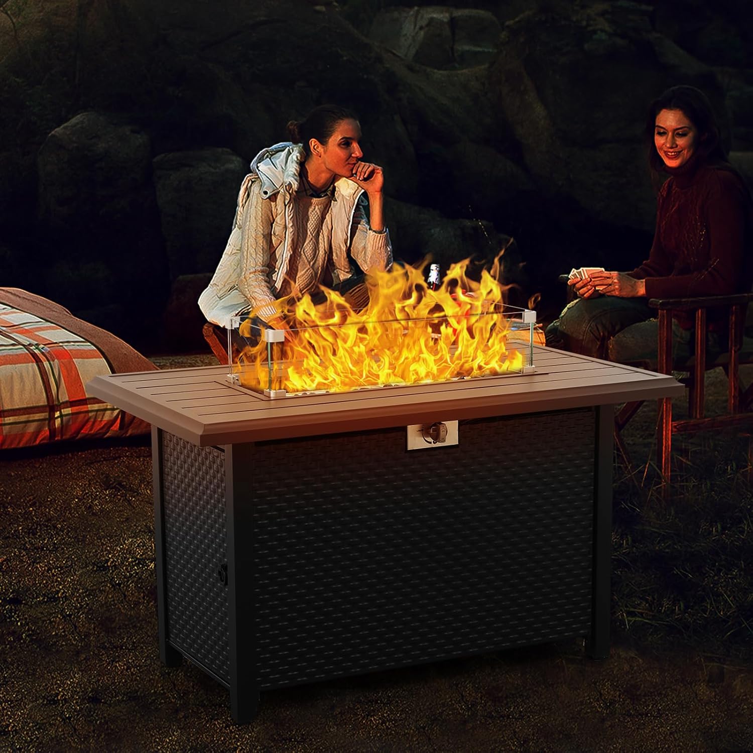 45 Inch Fire Table for Outside 60000 BTU Steel Gas Fire Pit Outdoor Fire Pit Table with Grille Tabletop Glass Wind Guard Fire Pit Cover and Blue Crystal Beads