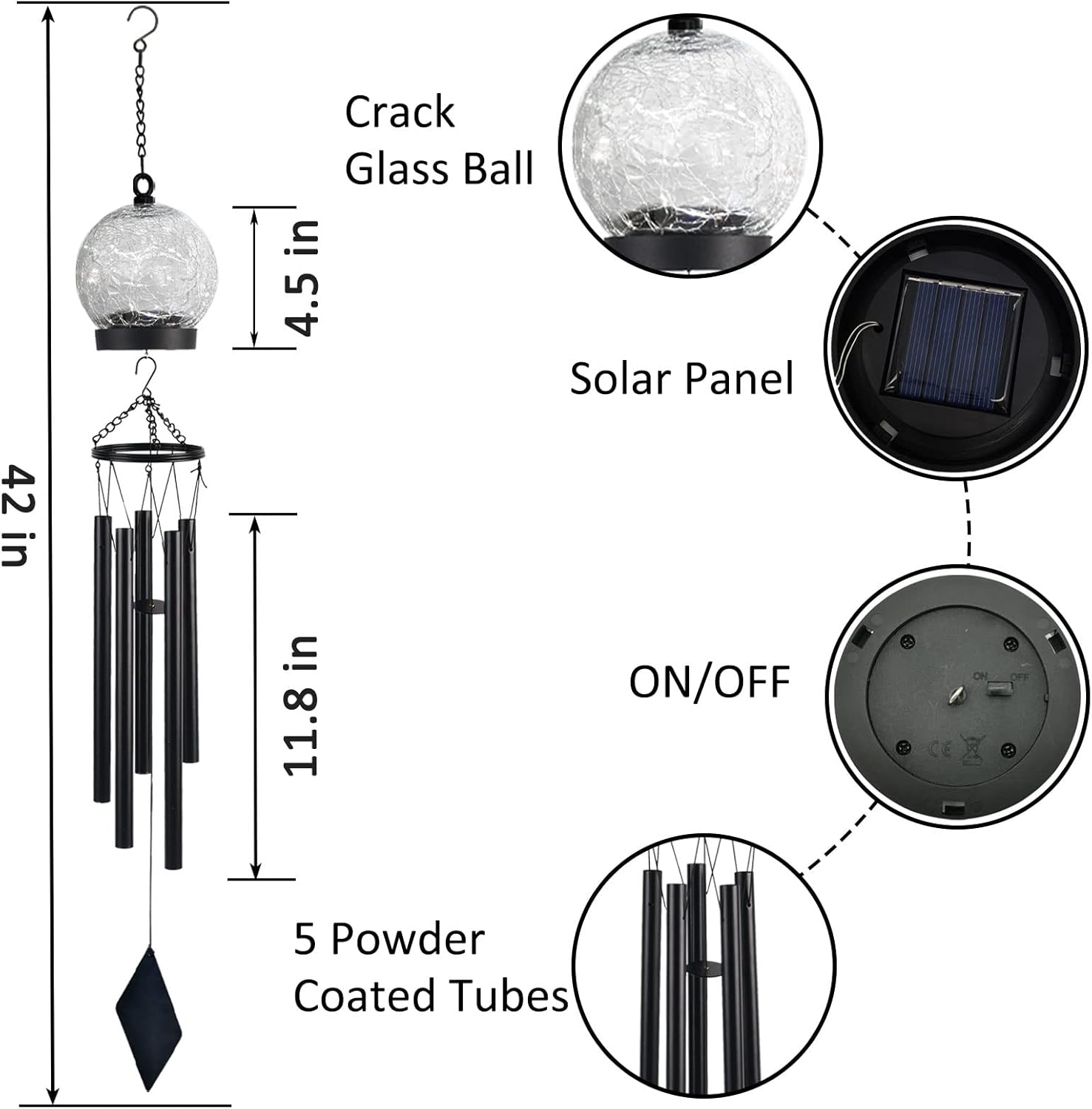 Wind Chimes Outdoor Solar Lights, 42 Inch Large Sympathy Chime 15 Cool White LEDs Crackled Glass Ball Birthday Gifts for Women Decorative Hanging in Garden, Yard, Patio, Landscape