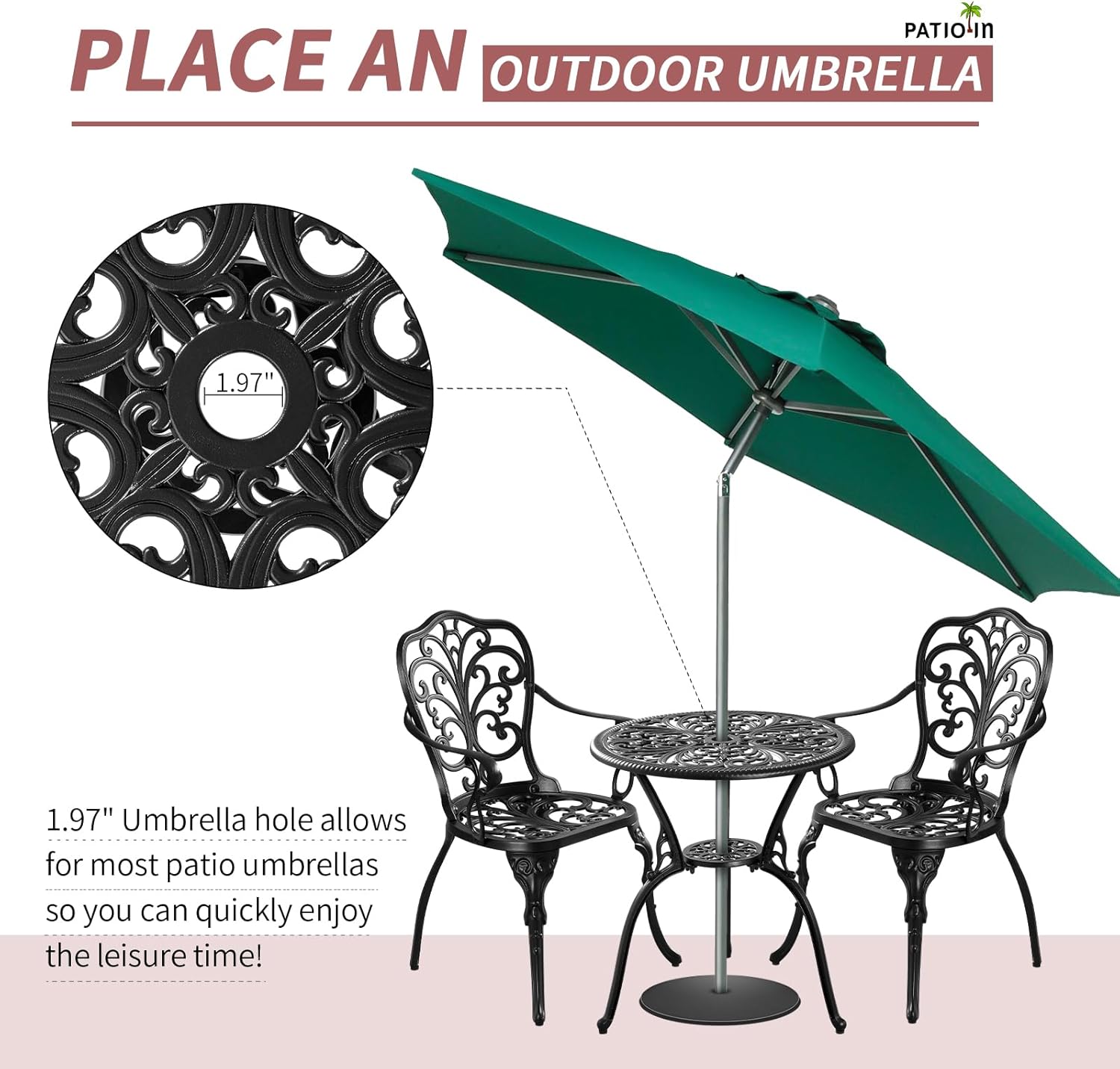 Outdoor Bistro Table and Chairs Set of 2, Outdoor Bistro Set 3 Piece with Umbrella Hole, Black Patio Bistro Sets Cast Aluminum for Balcony Porch Yard