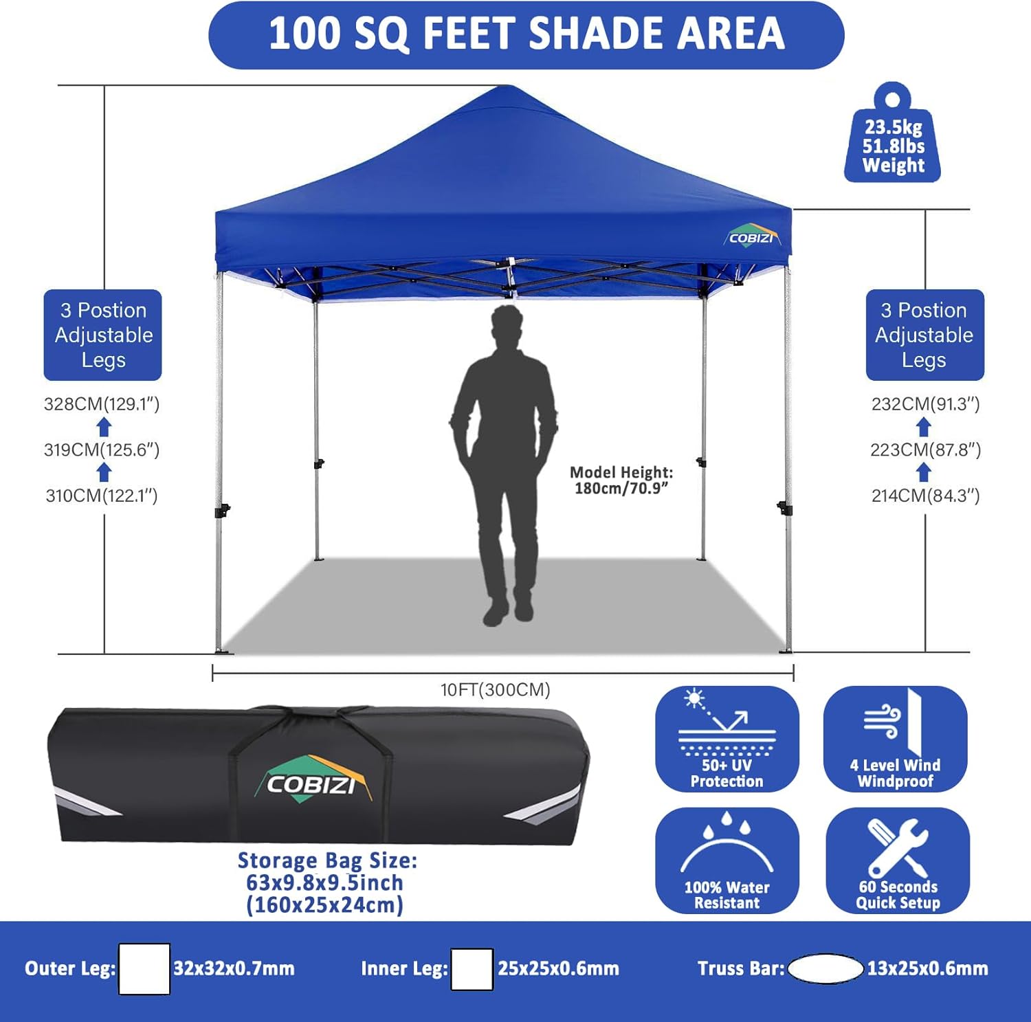 COBIZI 10x10 Pop Up Canopy Without Sidewall,Heavy Duty Canopy UPF 50+ All Season Wind Waterproof Commercial Outdoor Wedding Party Tents for Parties Gazebo with Carry Bag(10 x 10 ft Dark Blue)